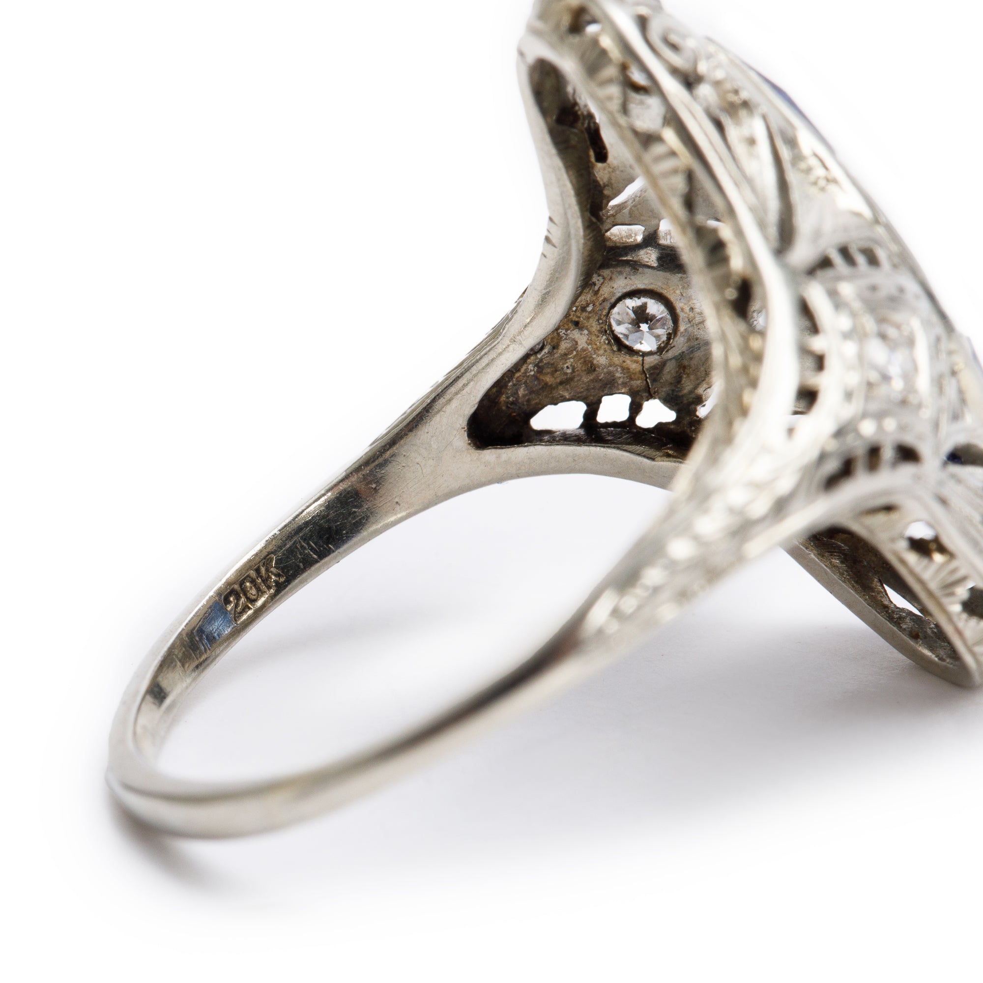 Antique 18k-20k White Gold Sapphire & Diamond Filigree Ring, Size 8.5