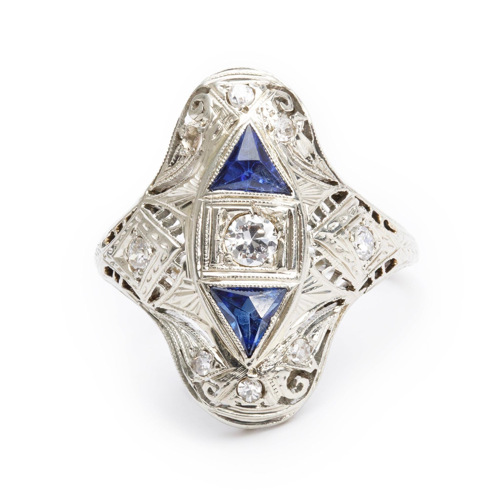 Antique 18k-20k White Gold Sapphire & Diamond Filigree Ring, Size 8.5