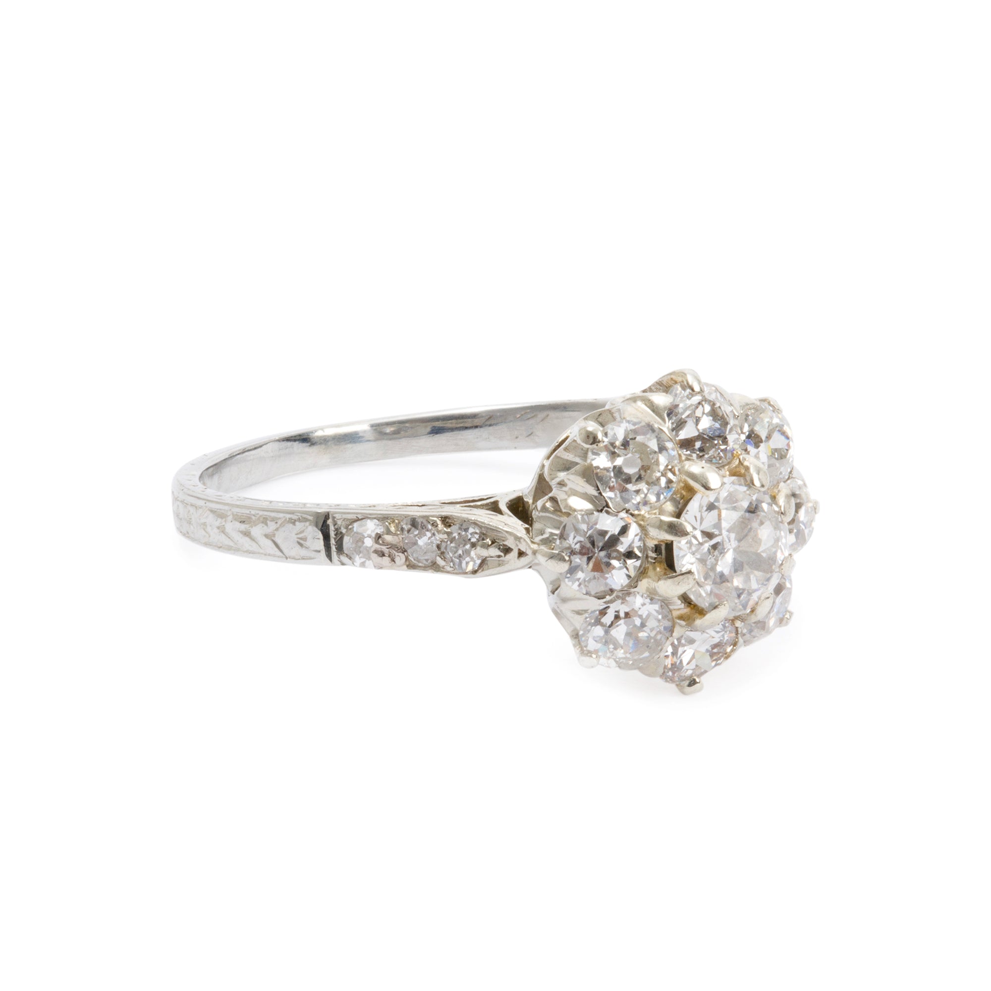 Antique 18k White Gold 1.11 tcw. Diamond Cluster Ring, 5.75