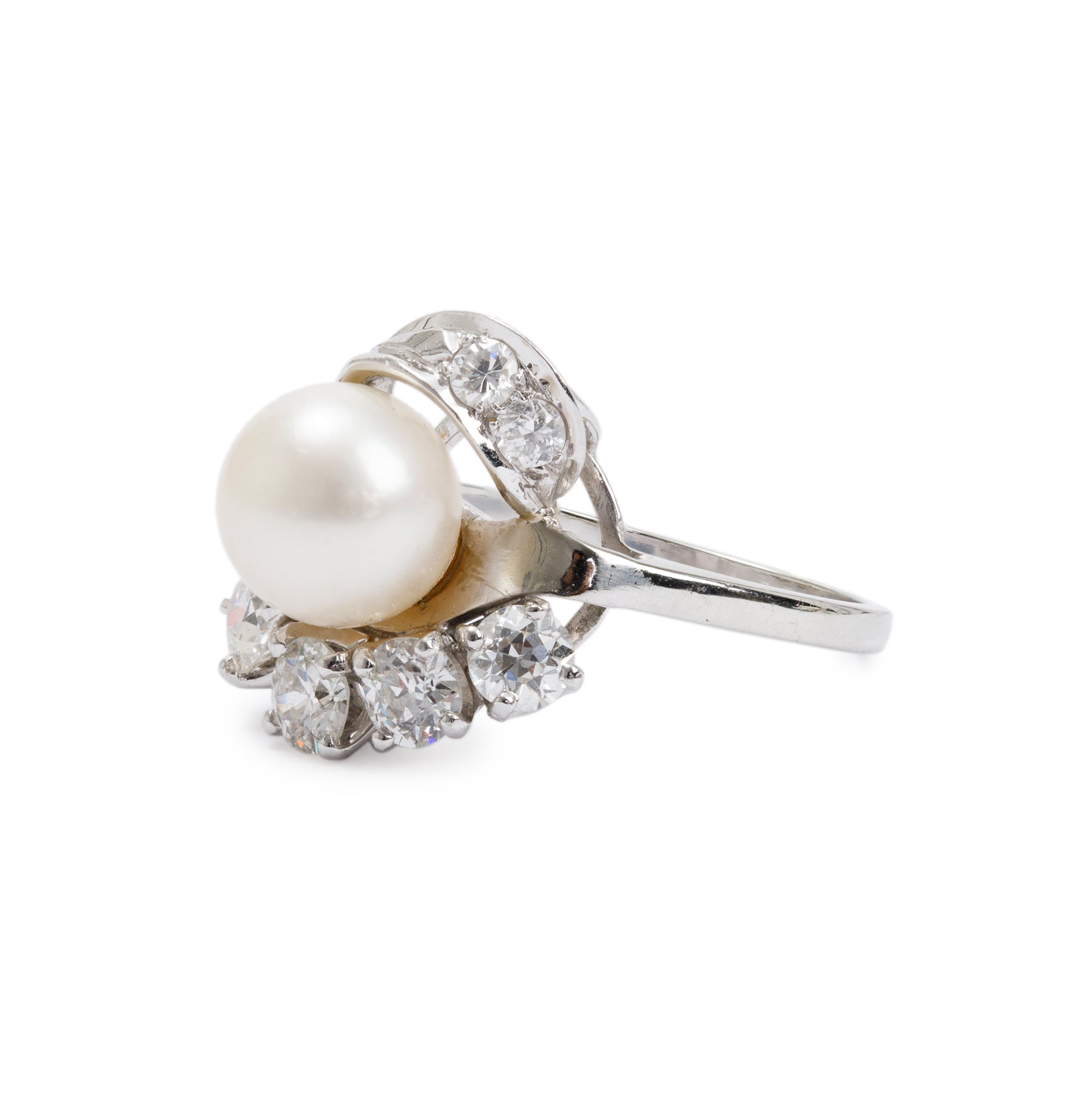 Antique 18k White Gold Pearl & Diamond Ring, Size 6.25