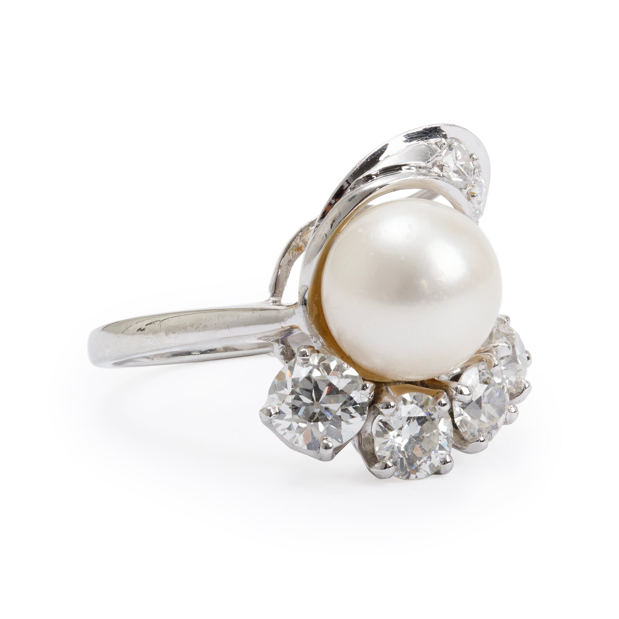 Antique 18k White Gold Pearl & Diamond Ring, Size 6.25
