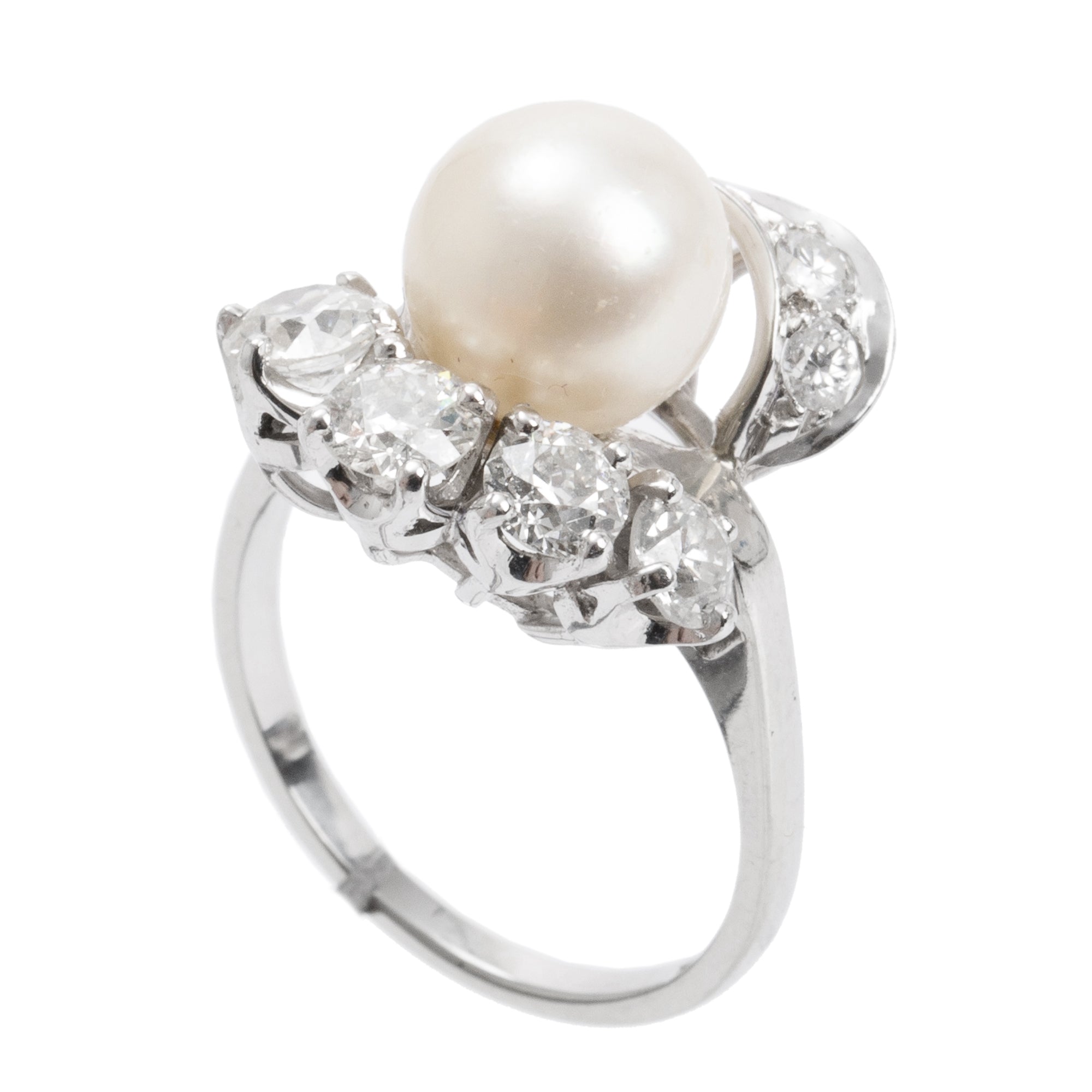 Antique 18k White Gold Pearl & Diamond Ring, Size 6.25