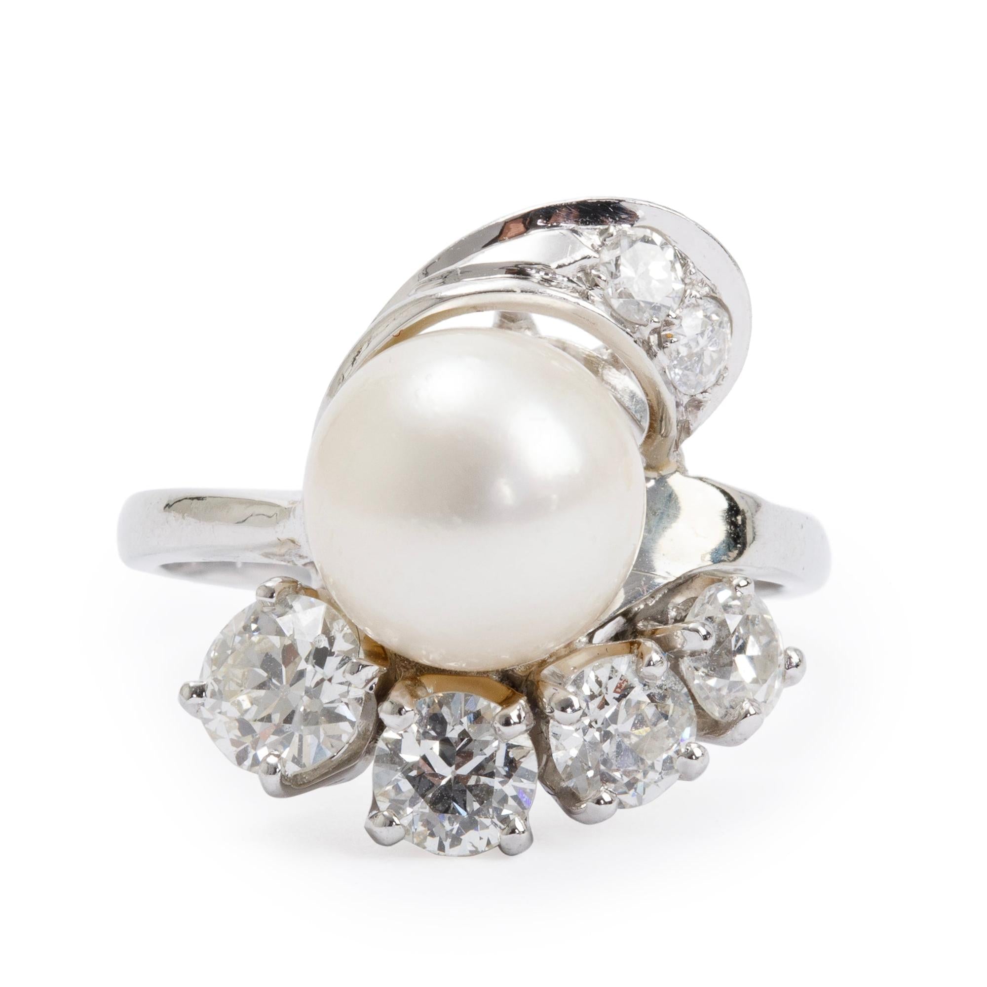 Antique 18k White Gold Pearl & Diamond Ring, Size 6.25