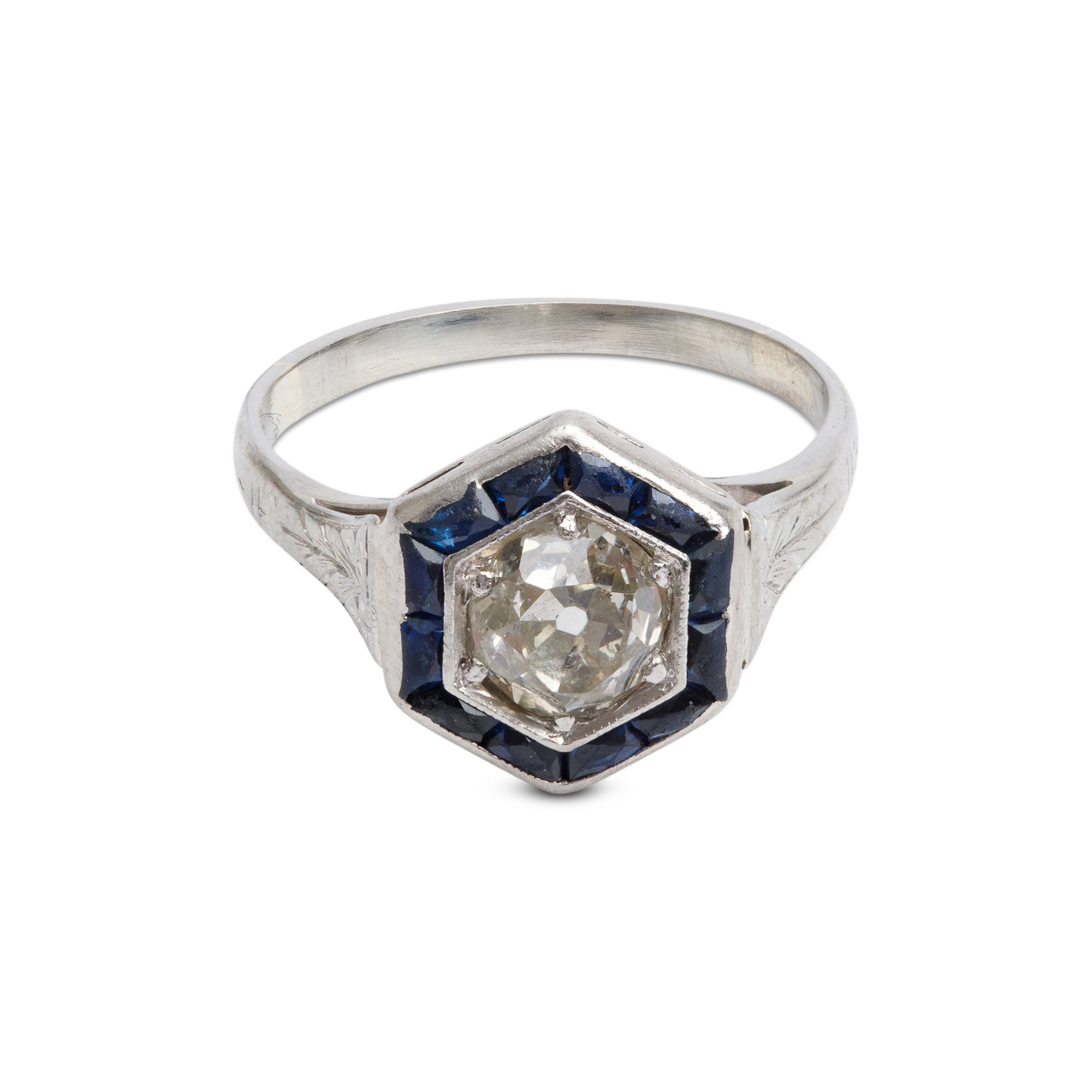 Antique 18k White Gold Sapphire & Diamond Hexagon Top Ring, Size 5