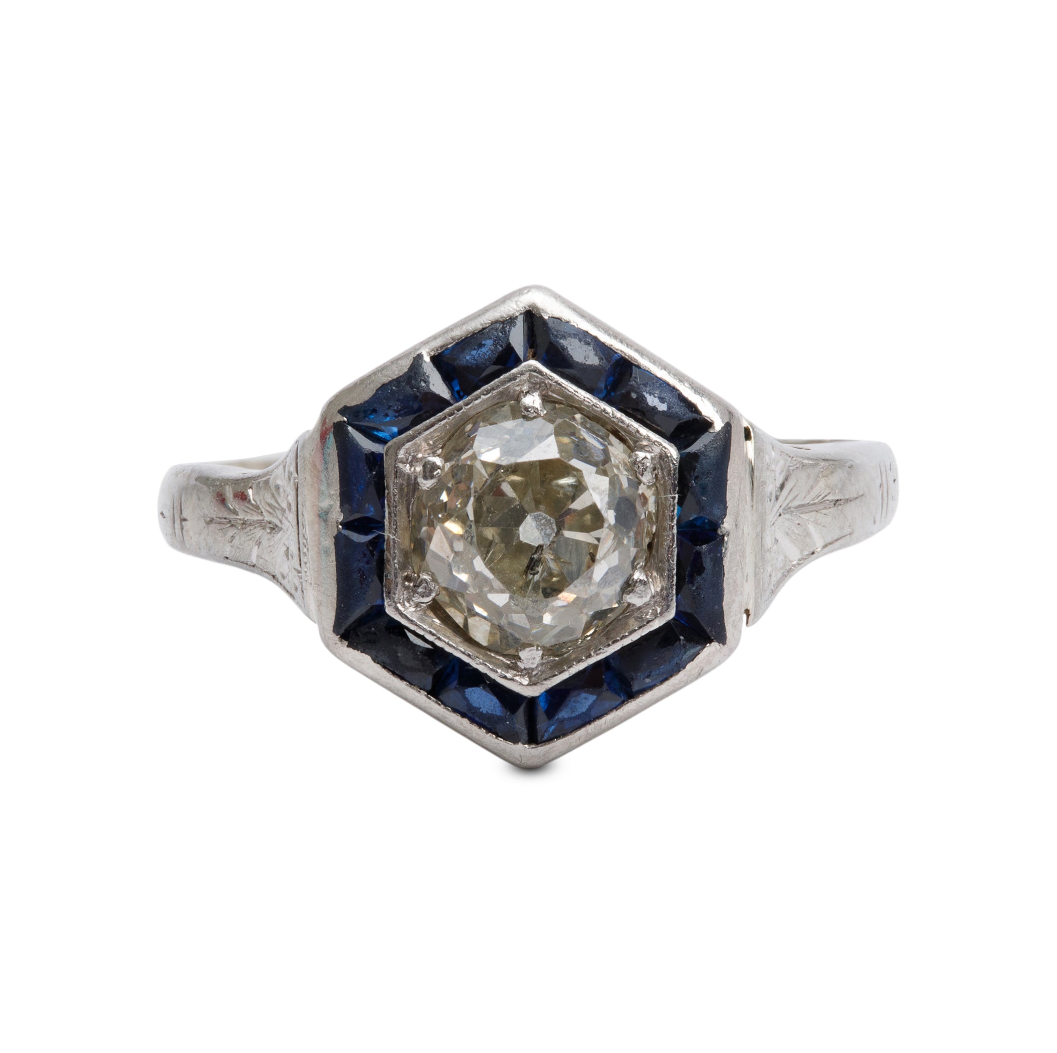Antique 18k White Gold Sapphire & Diamond Hexagon Top Ring, Size 5