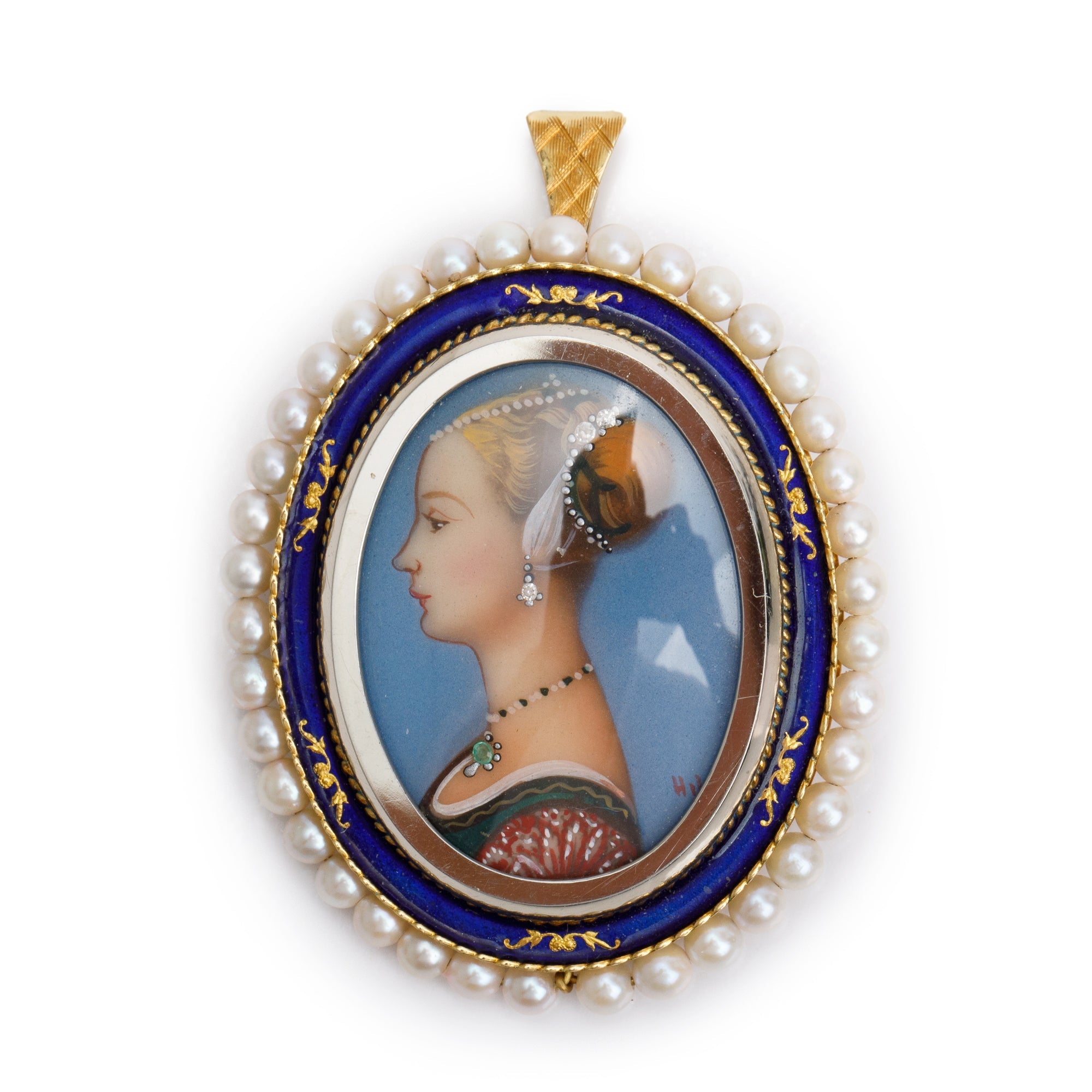 Antique 18k Yellow Gold Diamond, Pearl & Emerald Lady Portrait Brooch/Pendant