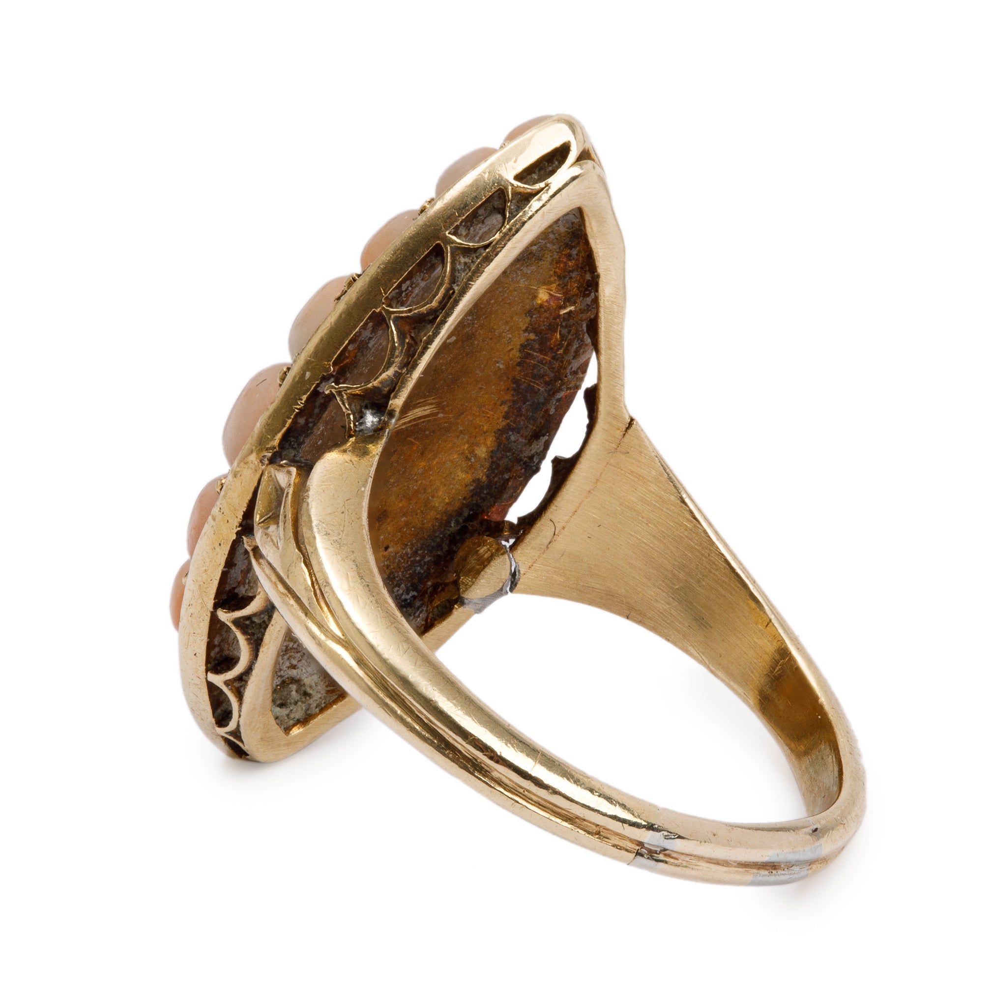 Antique 18k Yellow Gold Pearl & Coral Bead Ring, Size 4.5