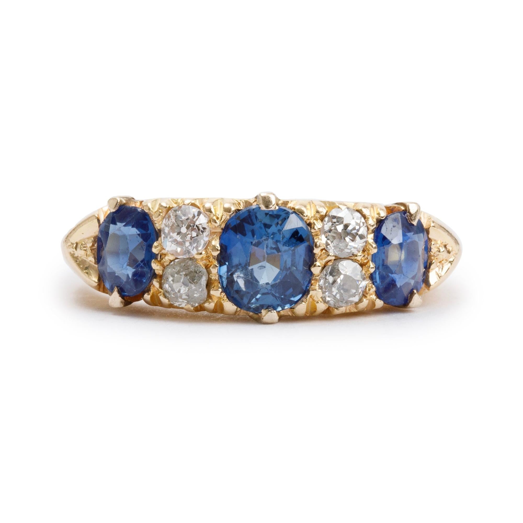 Antique 18k Yellow Gold Sapphire & Diamond Ring, Size 4.5