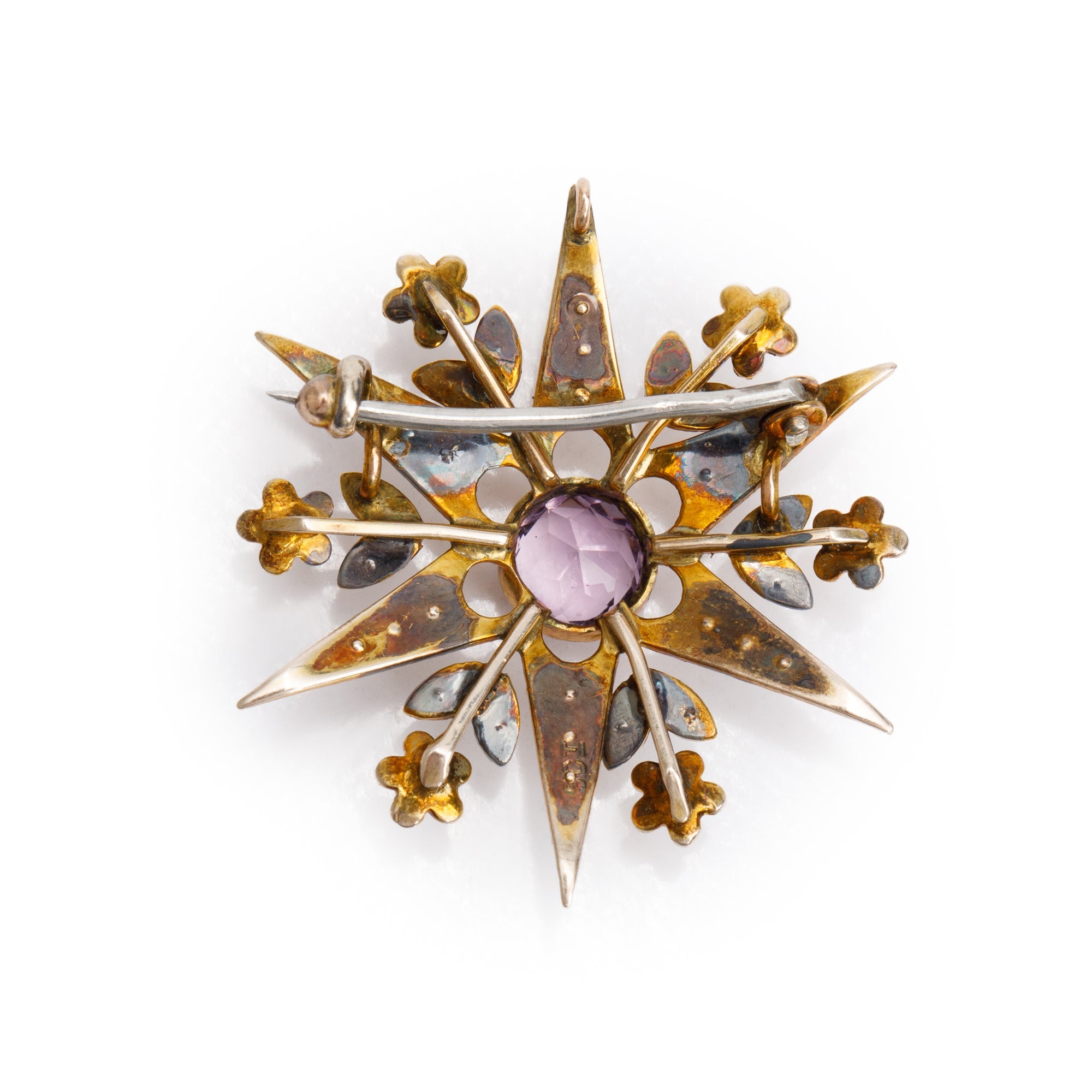 Antique 9k Yellow Gold Amethyst & Pearl Flower Sunburst Pin Brooch