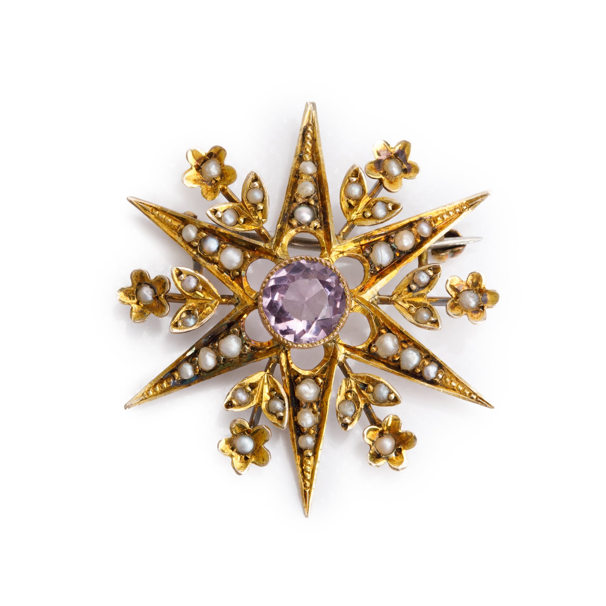 Antique 9k Yellow Gold Amethyst & Pearl Flower Sunburst Pin Brooch