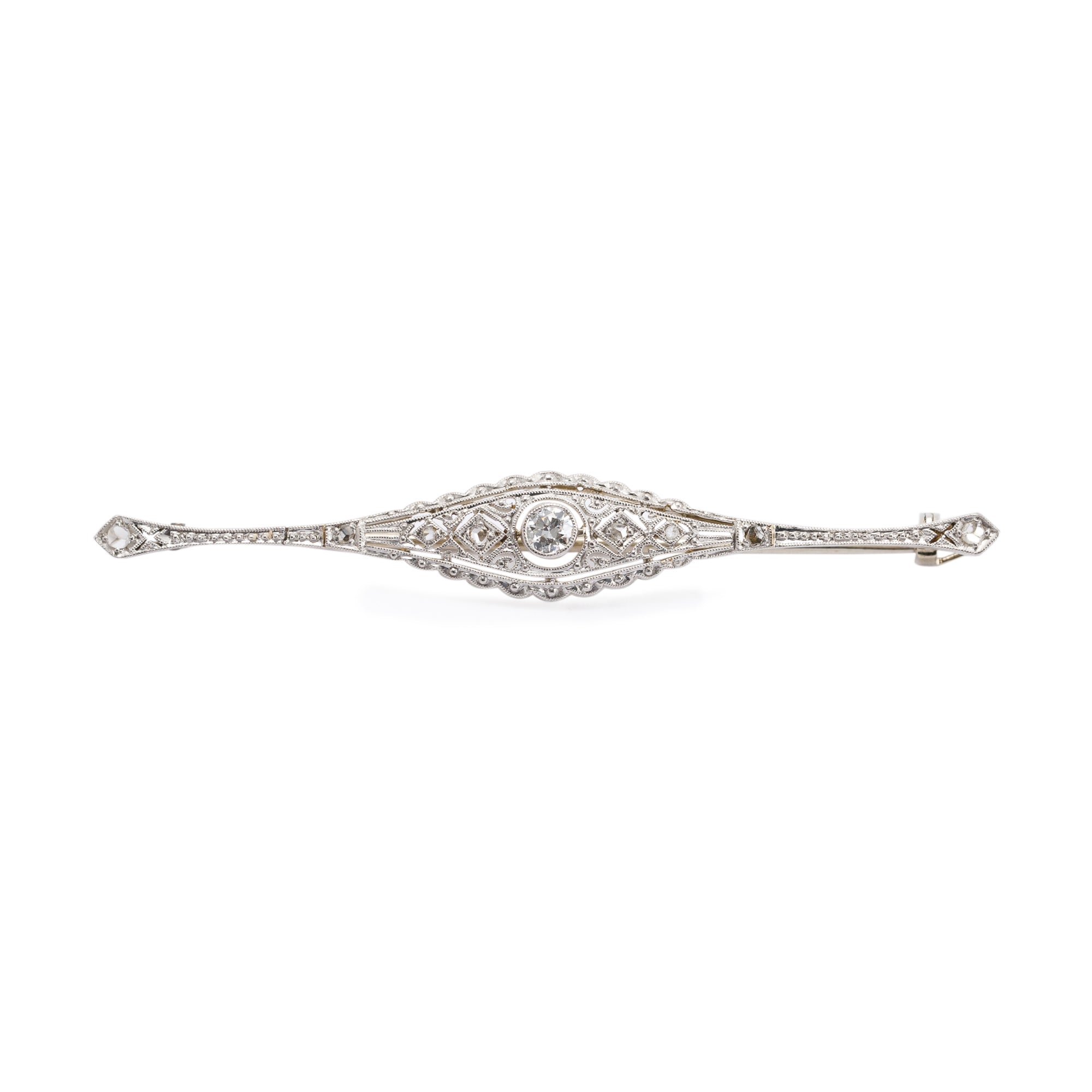 Antique Platinum & 18k White Gold Diamond Filigree Brooch