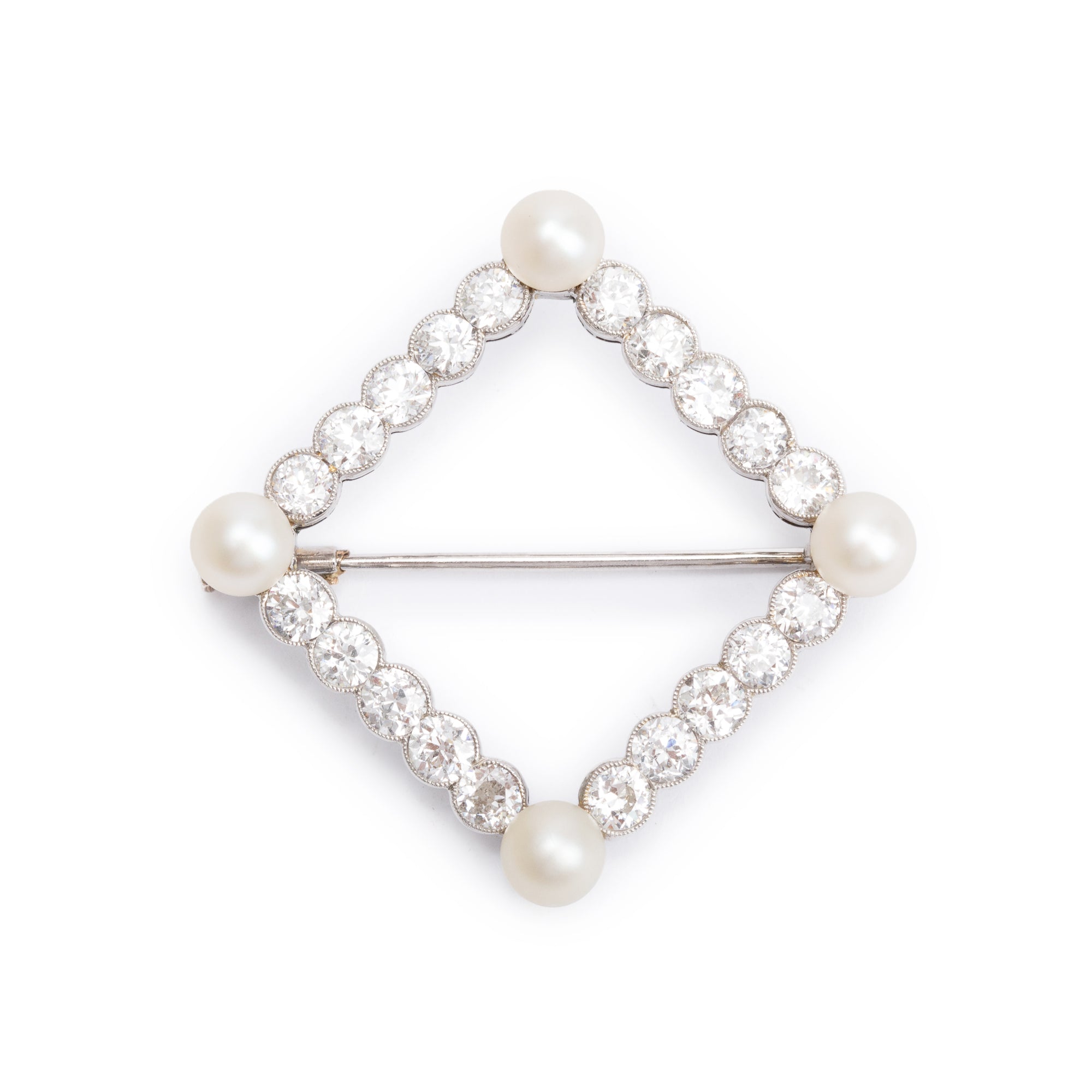 Antique Platinum Diamond & Pearl Pin Brooch w/ Box