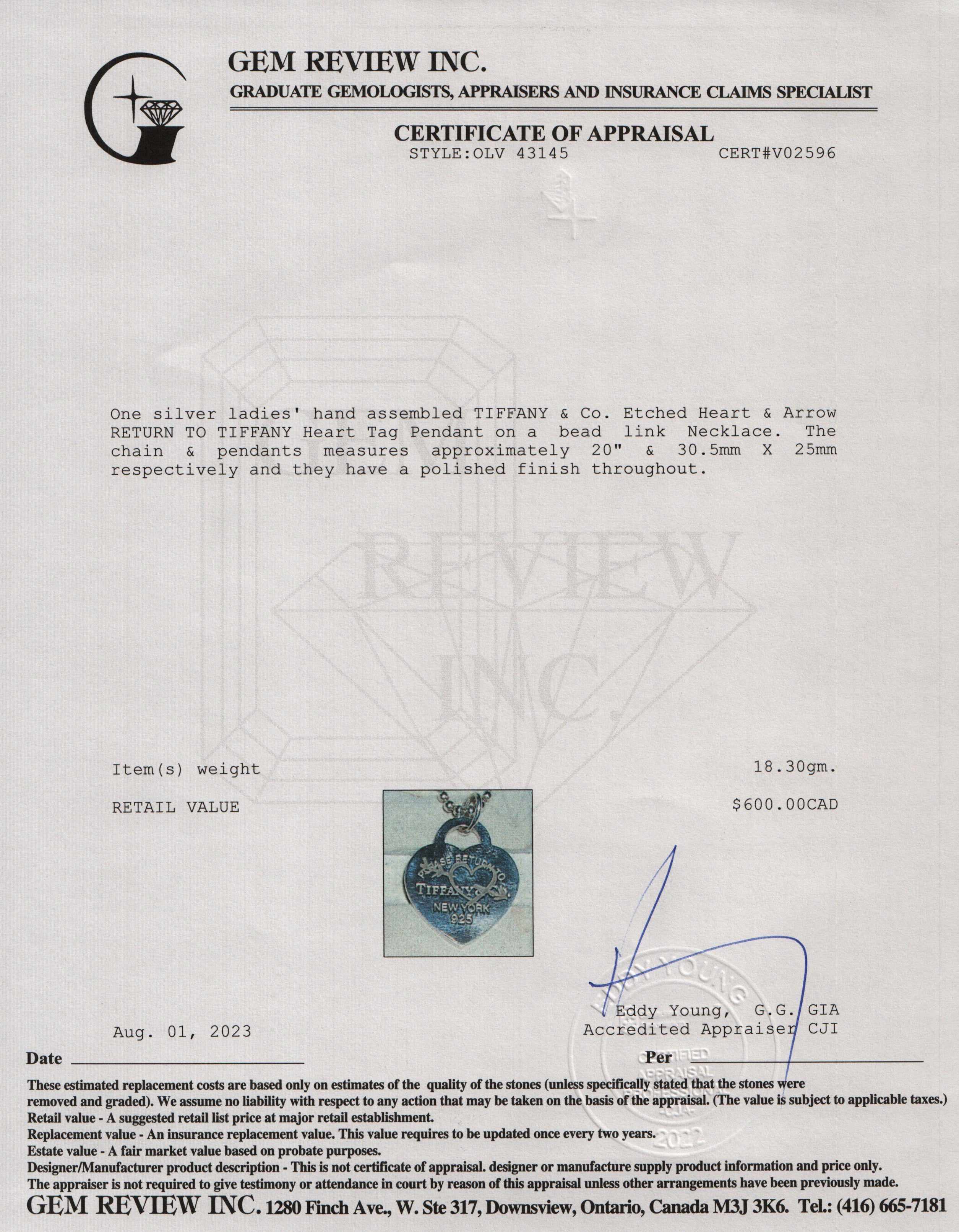 Tiffany & Co. Etched Heart & Arrow Tag Pendant Necklace