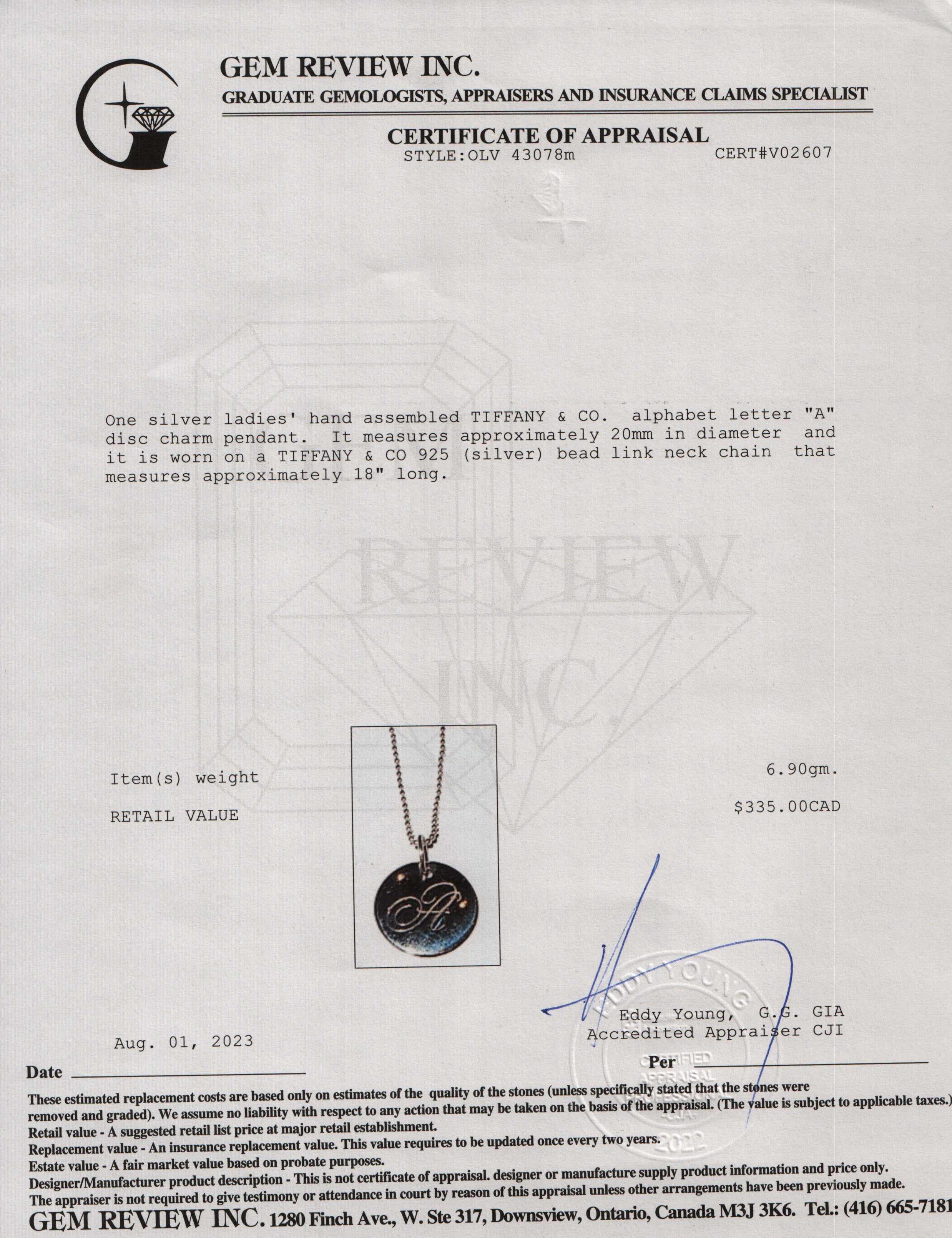 Tiffany & Co. Notes Letter 'A' Large Disc Charm Pendant Necklace
