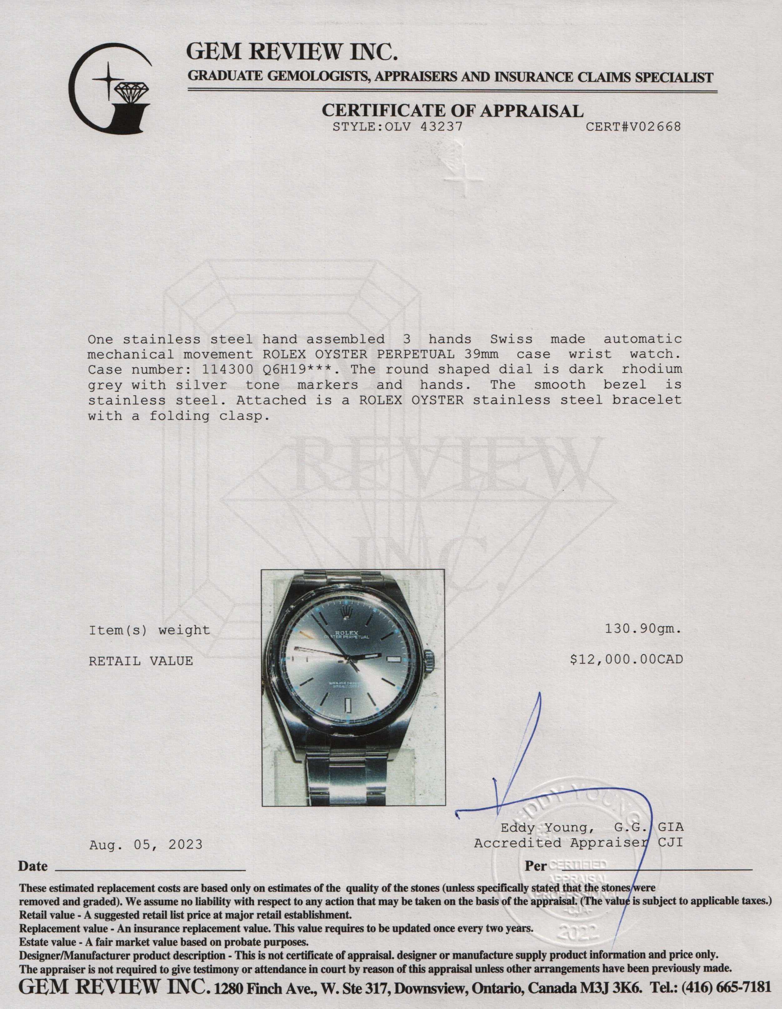 Rolex Oyster Perpetual 39 MM Watch w/ Box & Papers