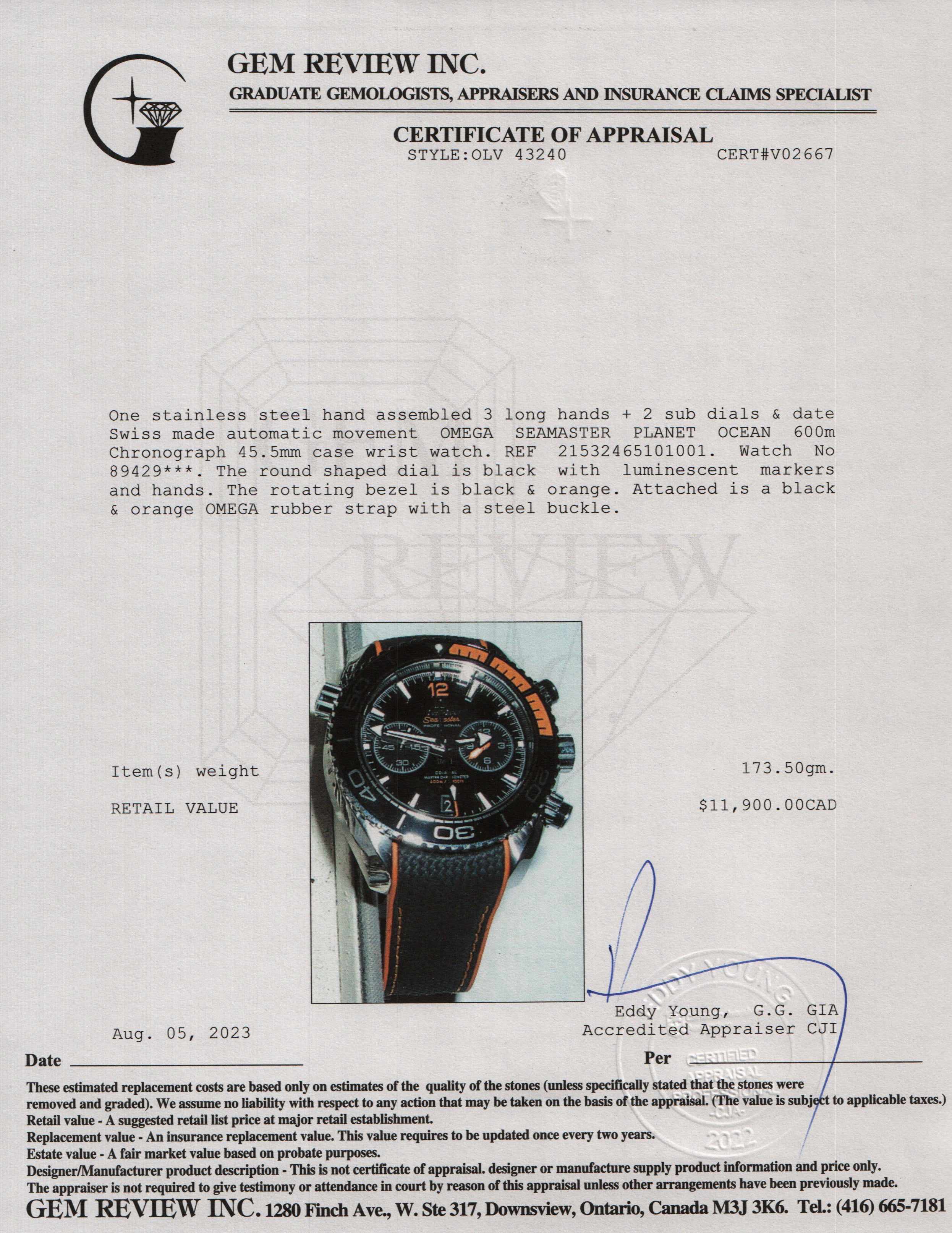 Omega Seamaster Planet Ocean 600M Co-Axial Master Chronometer Chronograph Automatic Watch w/ Box & Papers