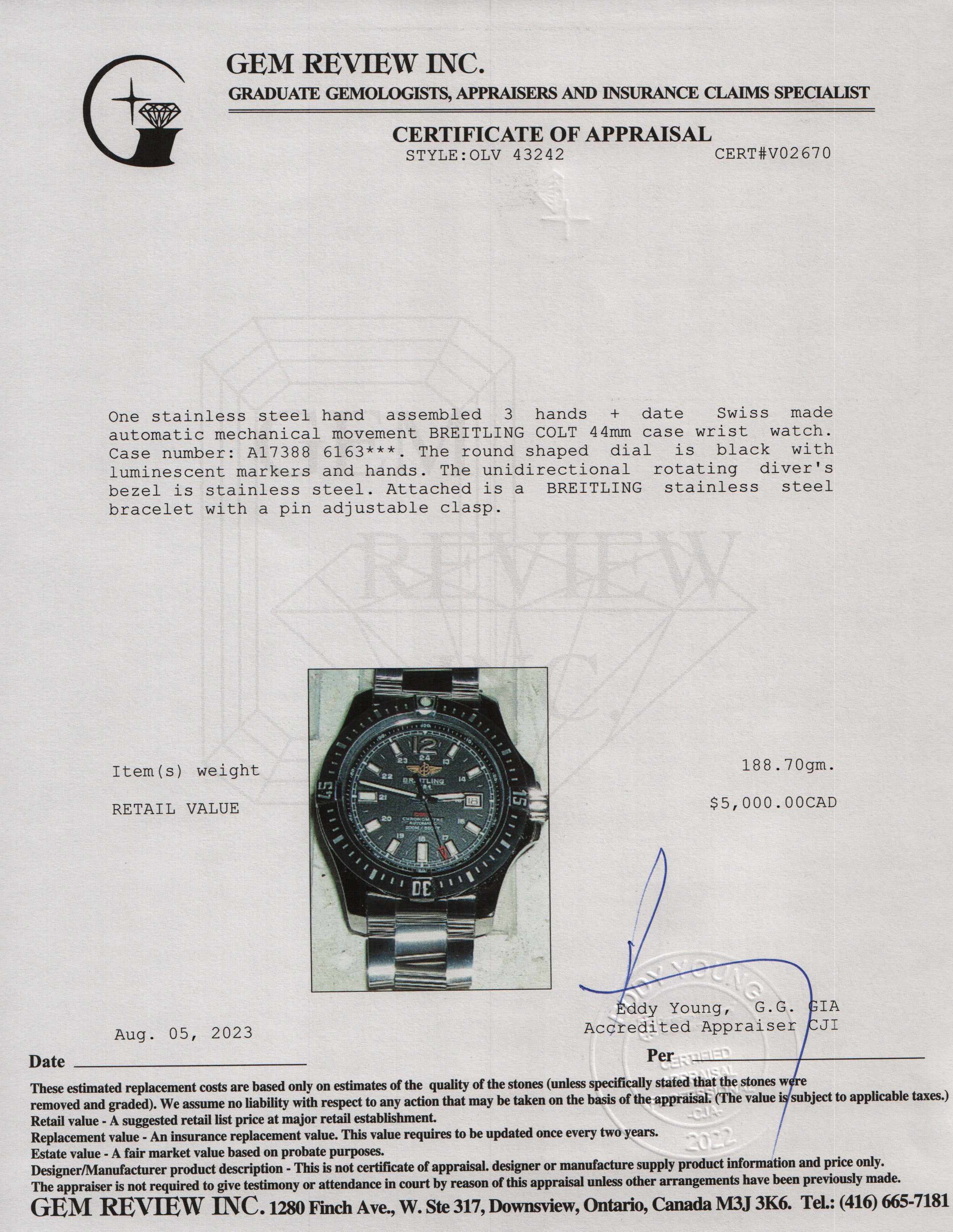 Breitling Colt Automatic 44 MM Watch w/ Box & Papers