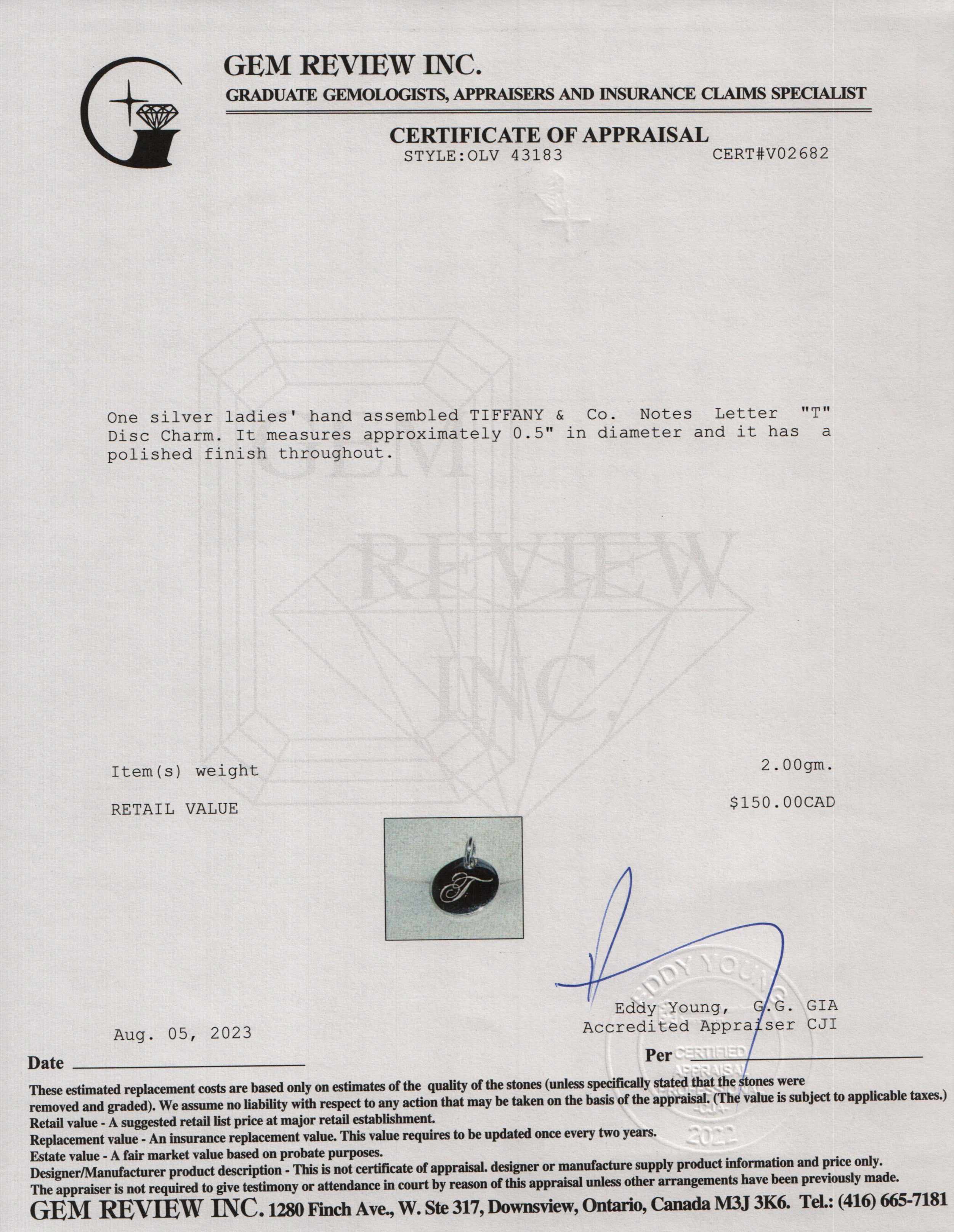 Tiffany & Co. Notes Letter 'T' Disc Charm Pendant