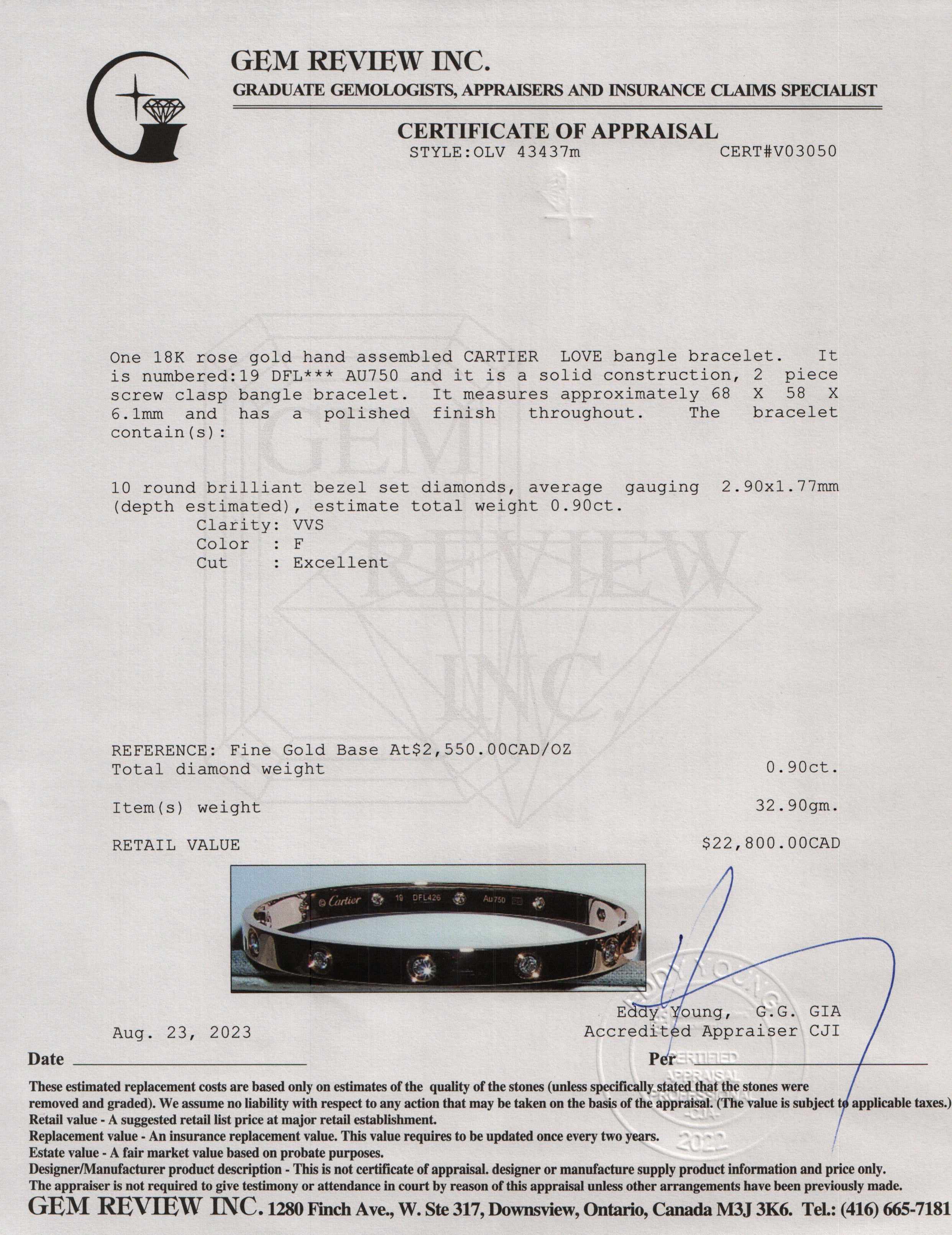 Cartier 18k Rose Gold 10 Diamond Love Bracelet, Size 19 w/ Certificate