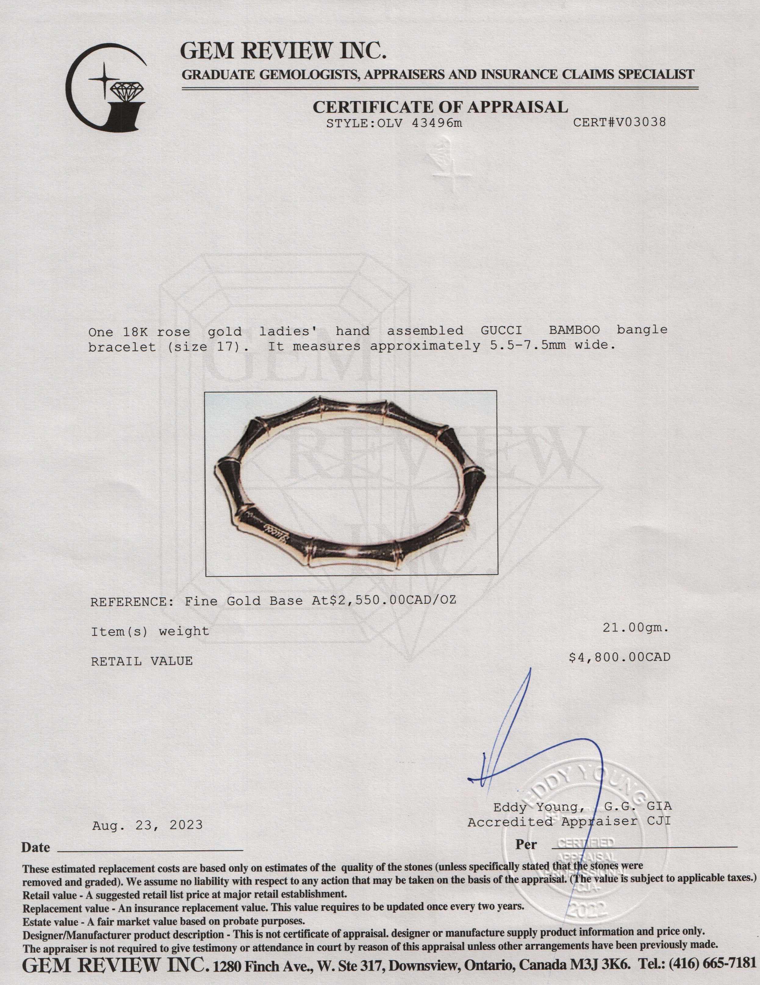 Gucci 18k Rose Gold Bamboo Bangle Bracelet