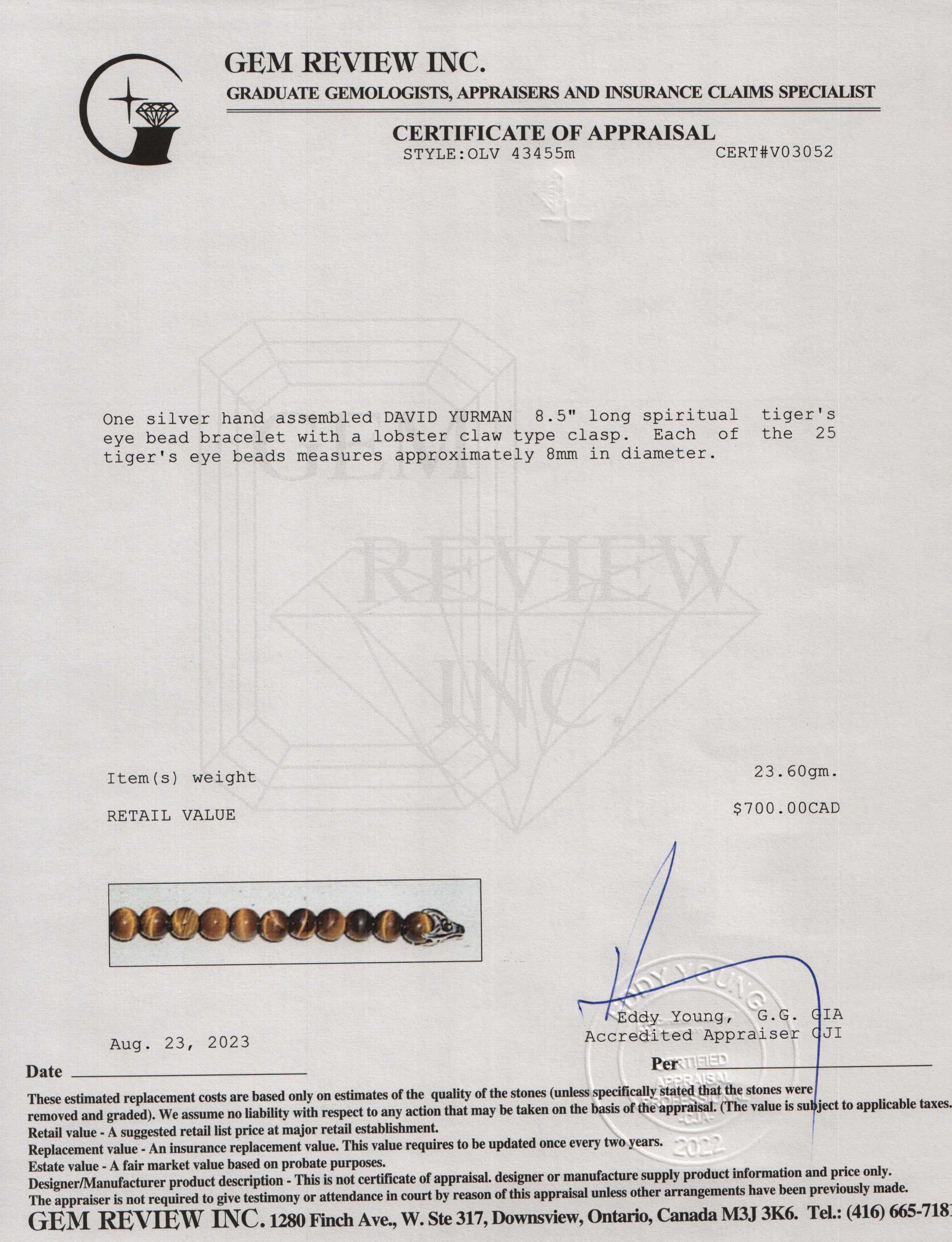 David Yurman Sterling Silver Spiritual 8 MM Beads Bracelet with Tiger's Eye