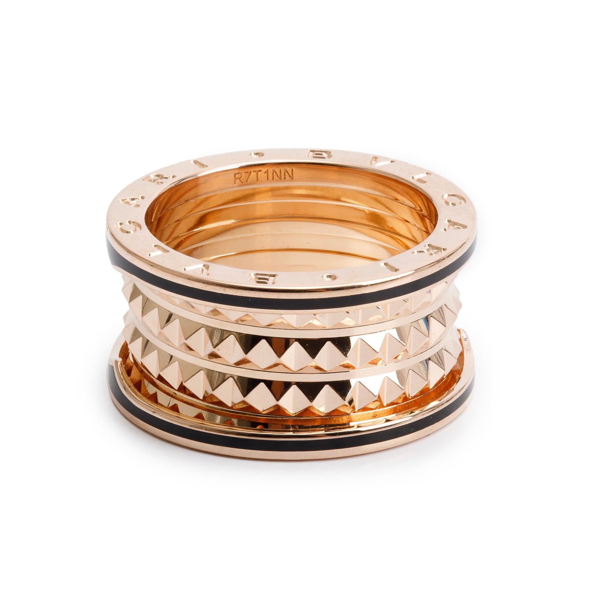 BVLGARI 18k Rose Gold & Black Ceramic B.Zero1 Rock 4-Band Ring, Size 58 8.5 w/ Box