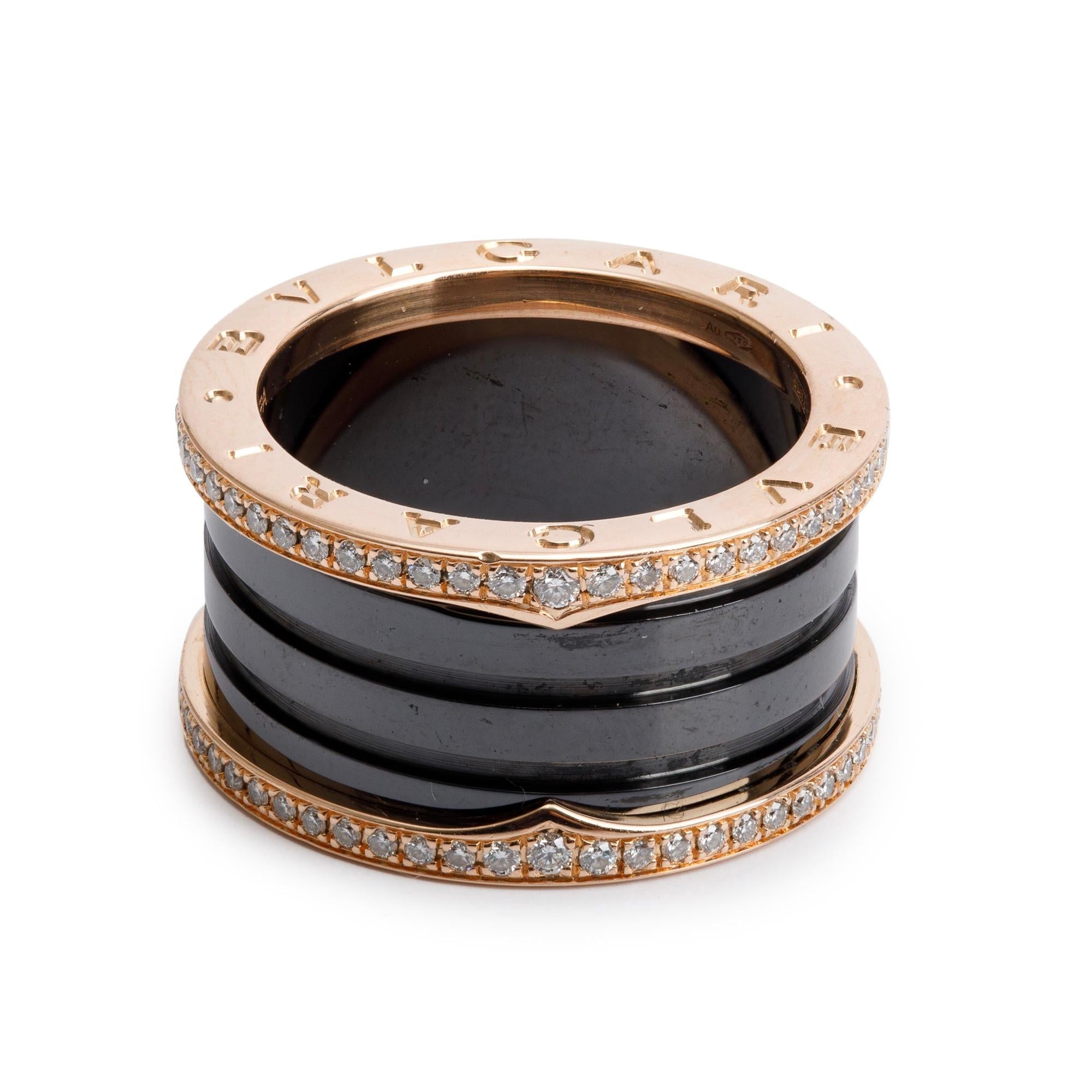 BVLGARI 18k Rose Gold Black Ceramic & Diamond B.Zero1 Ring, Size 56 7.75 w/ Box