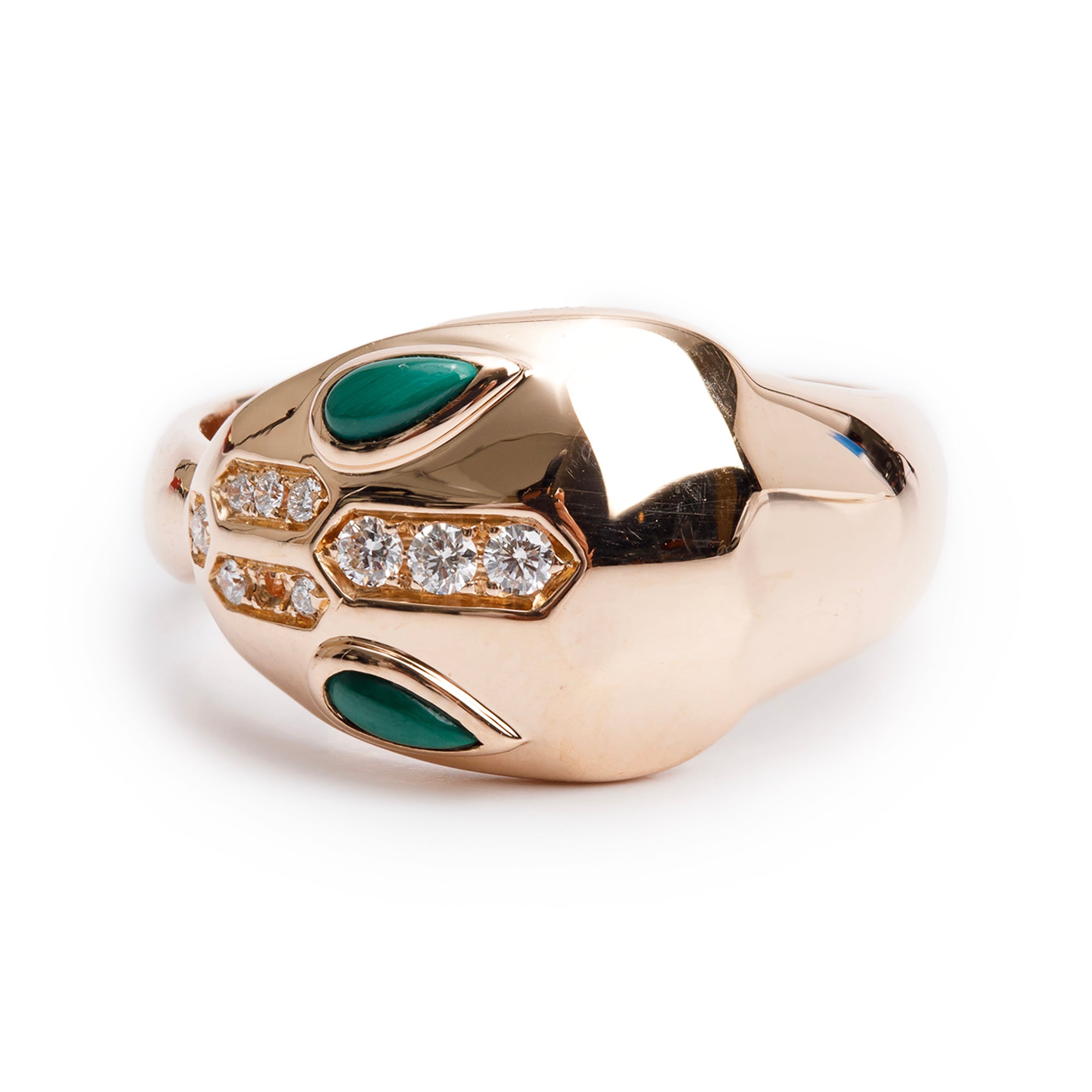 BVLGARI 18k Rose Gold Malachite & Diamond Serpenti Seduttori Ring, Size 5.5 w/ Box & Certificate
