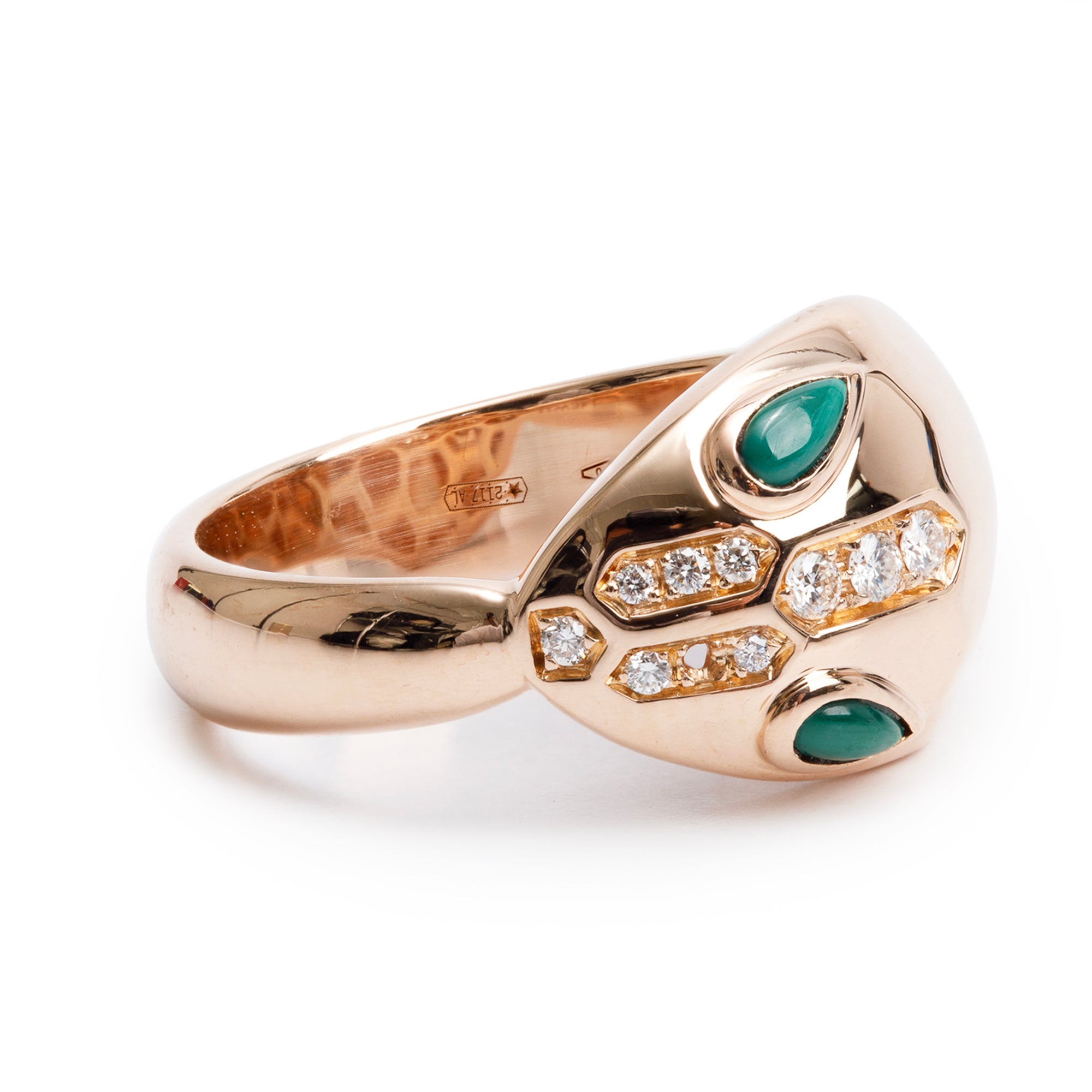 BVLGARI 18k Rose Gold Malachite & Diamond Serpenti Seduttori Ring, Size 5.5 w/ Box & Certificate
