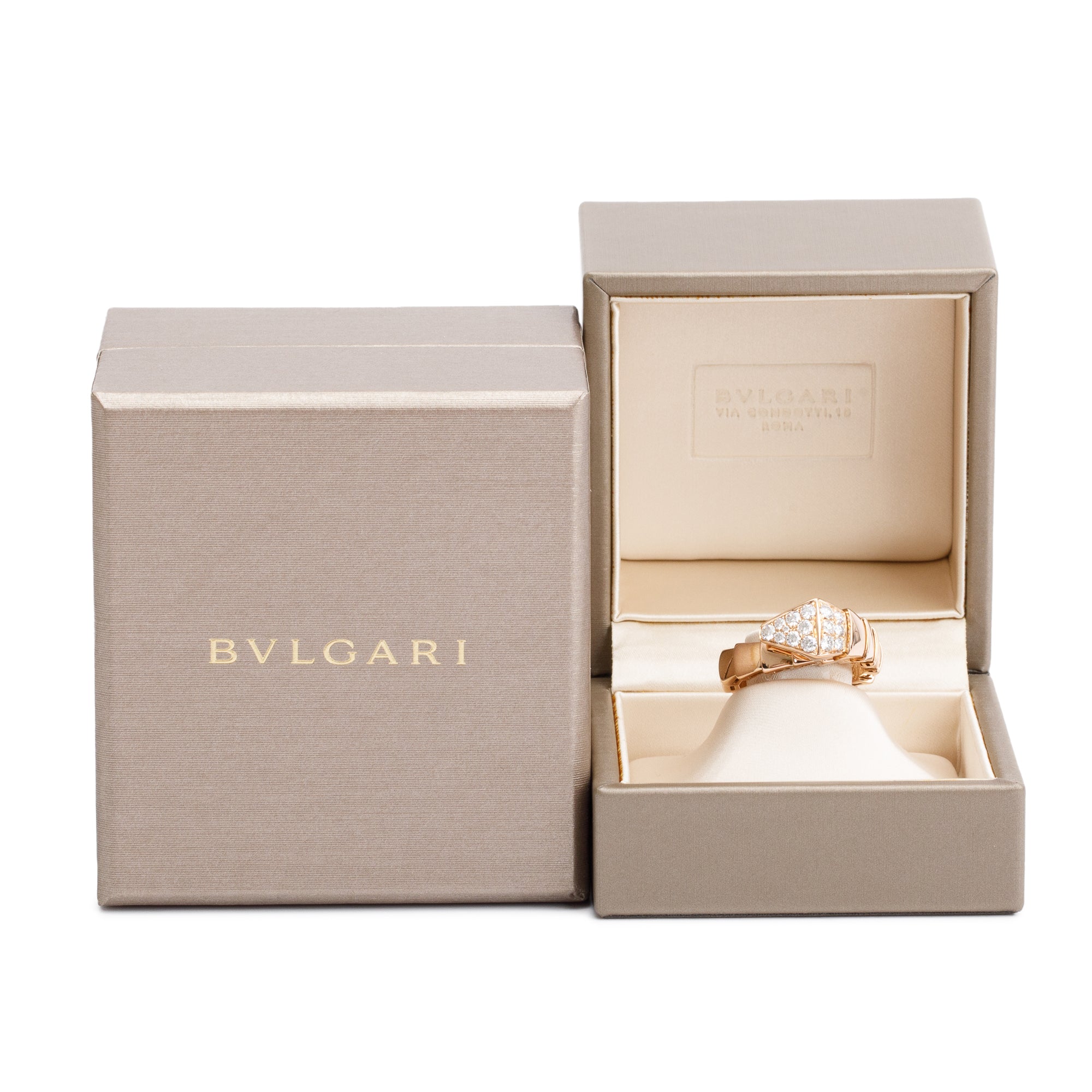 BVLGARI 18k Rose Gold Pave Diamond Serpenti Viper Ring, Size L w/ Box