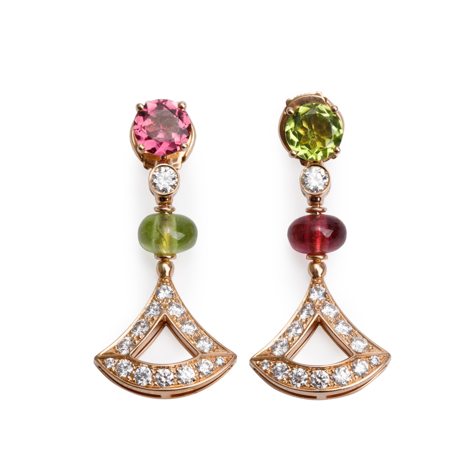BVLGARI 18k Rose Gold Rubelite, Peridot & Diamond Diva's Dream Earrings w/ Box