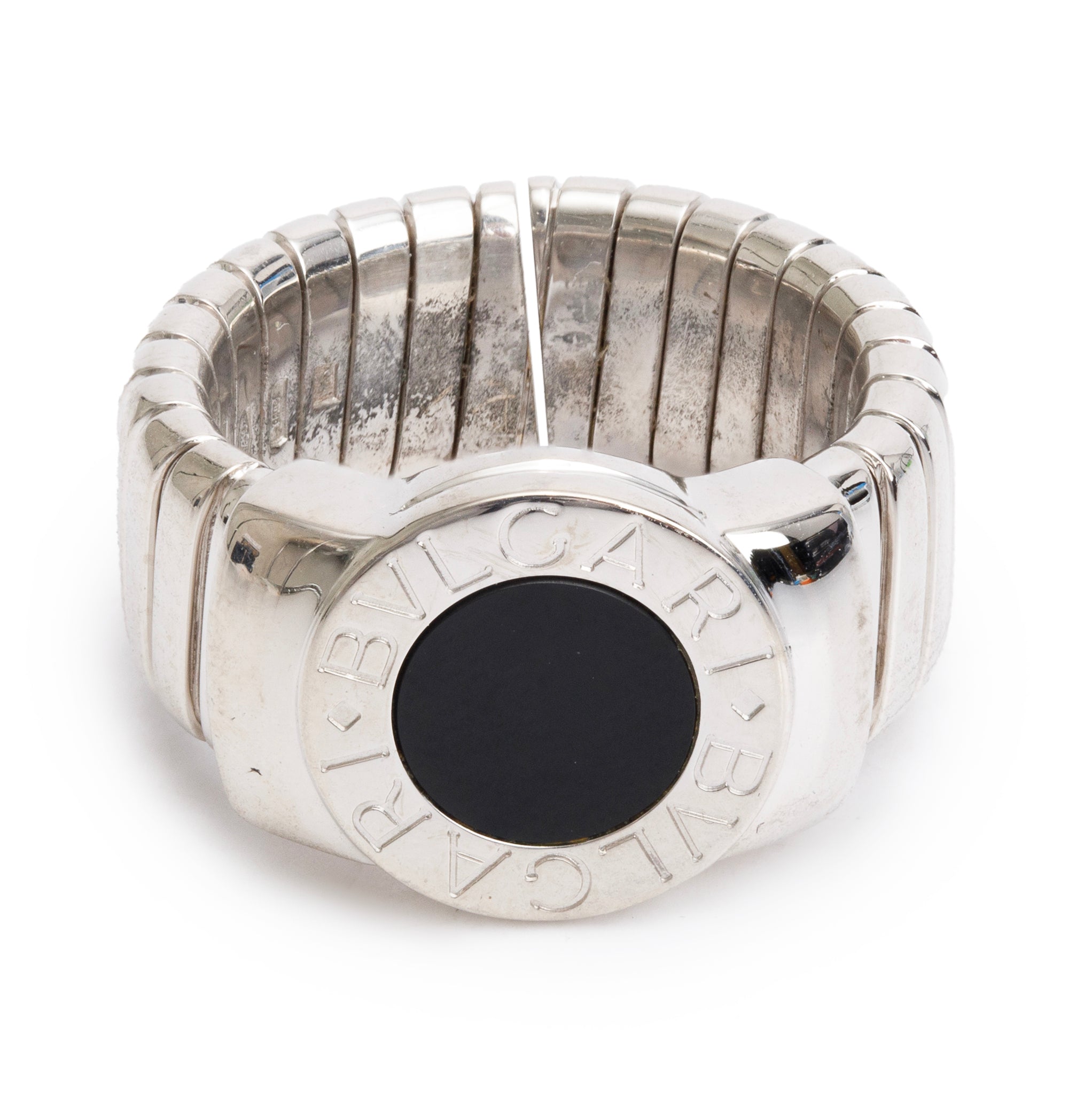 BVLGARI 18k White Gold Black Onyx Tubogas Ring, Size 7