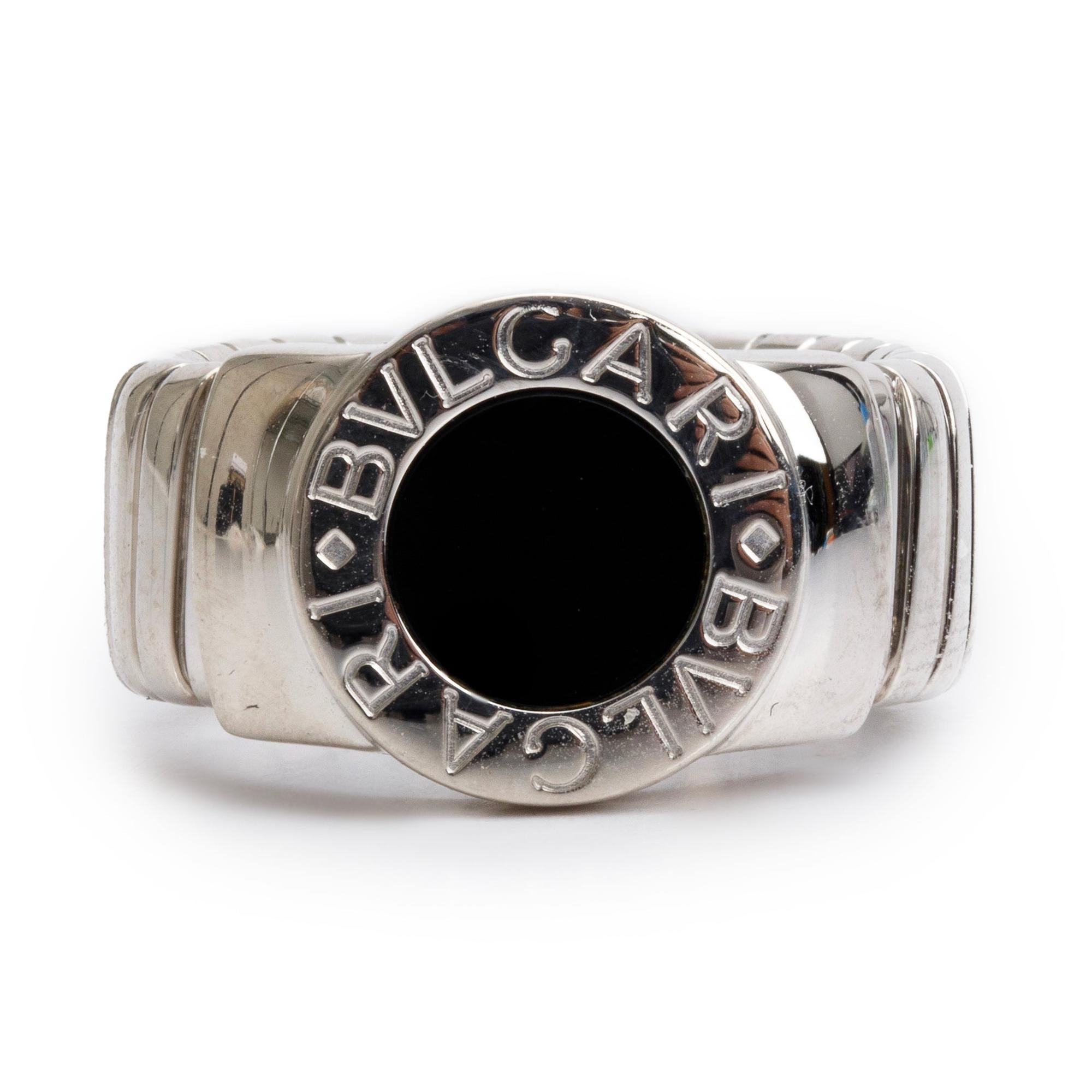 BVLGARI 18k White Gold Black Onyx Tubogas Ring, Size 7