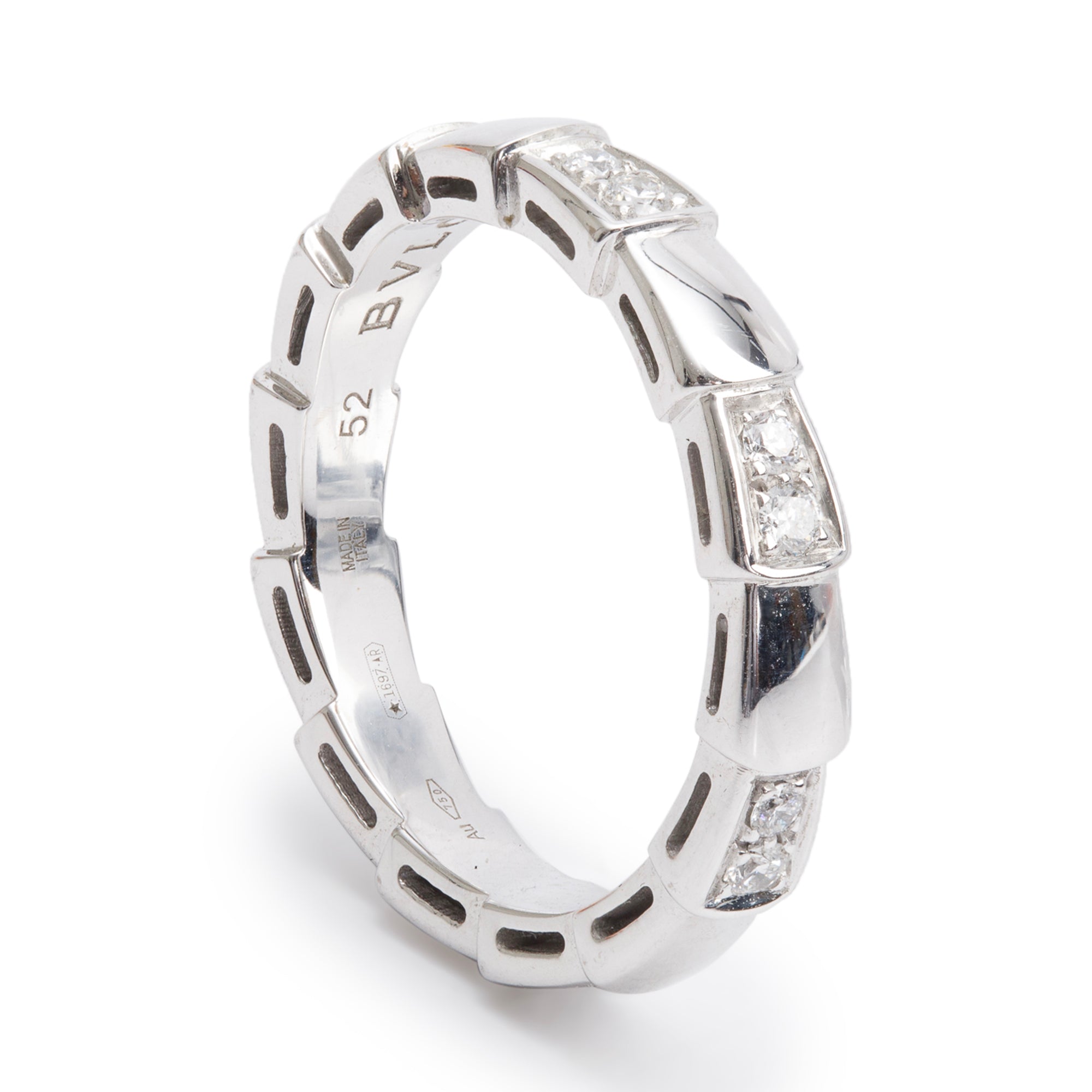 BVLGARI 18k White Gold Diamond Serpenti Viper Ring, Size 52 6.25 w/ Box & Certificate