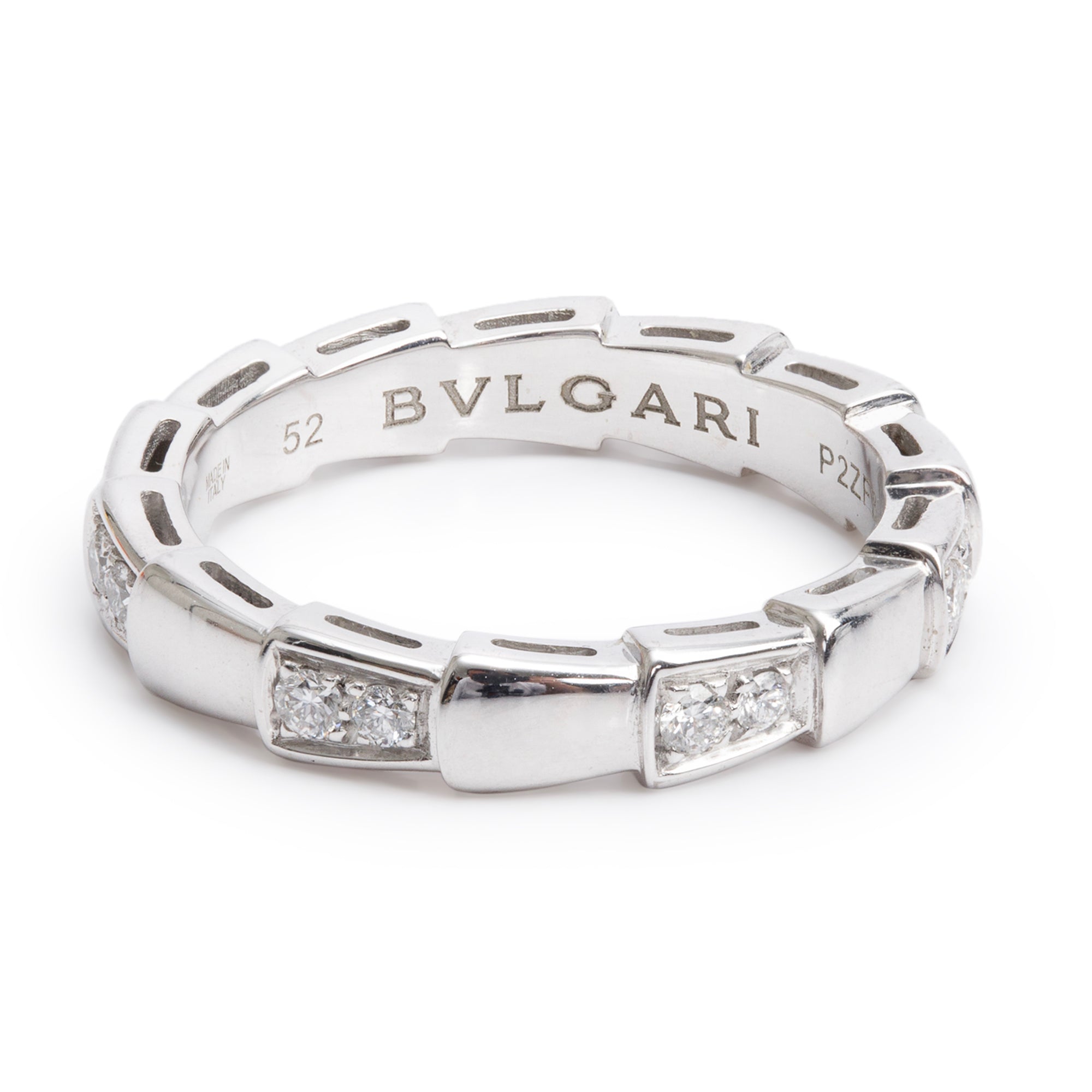BVLGARI 18k White Gold Diamond Serpenti Viper Ring, Size 52 6.25 w/ Box & Certificate