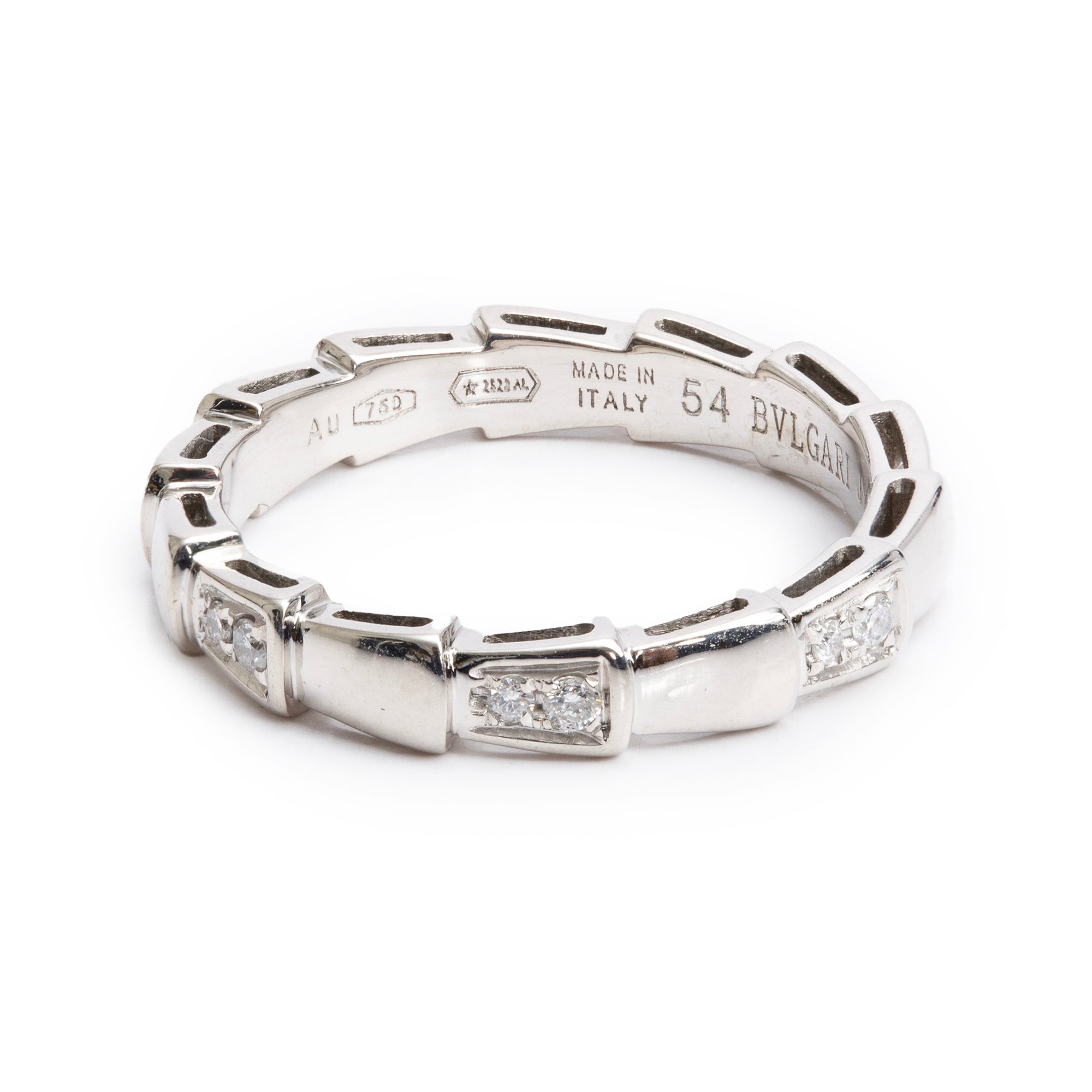 BVLGARI 18k White Gold Diamond Serpenti Viper Ring, Size 54 6.5 w/ Box