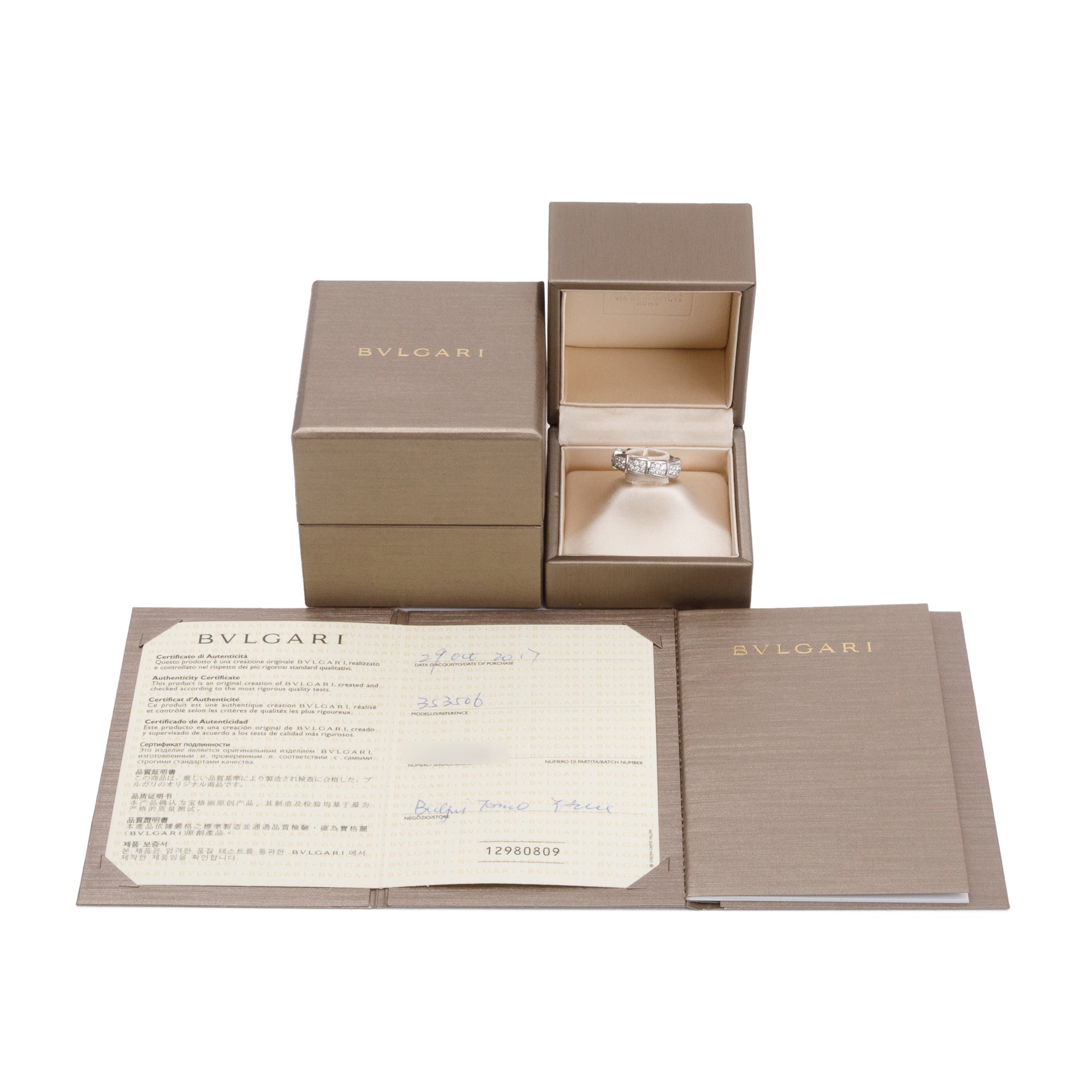 BVLGARI 18k White Gold Pave Diamond Serpenti Viper Ring, Size 49 4.75 w/ Box & Certificate