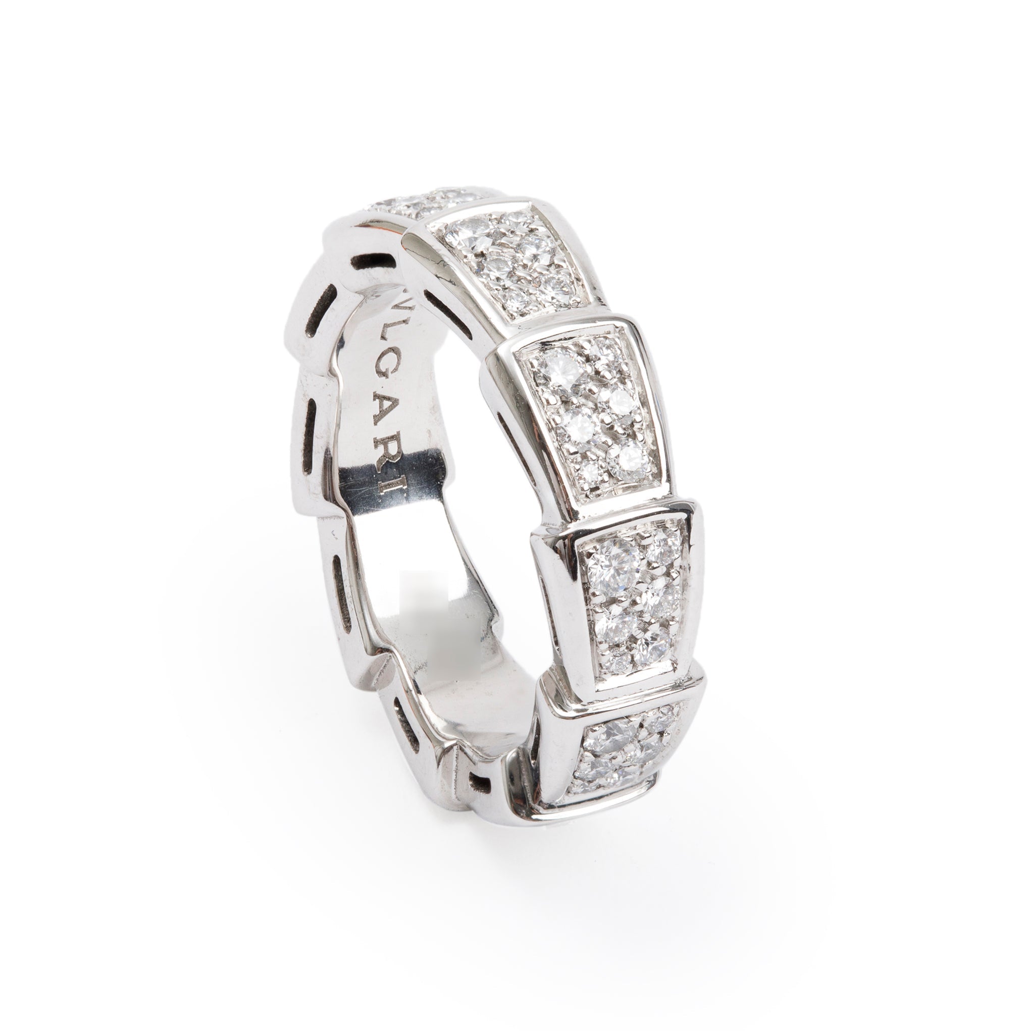BVLGARI 18k White Gold Pave Diamond Serpenti Viper Ring, Size 49 4.75 w/ Box & Certificate