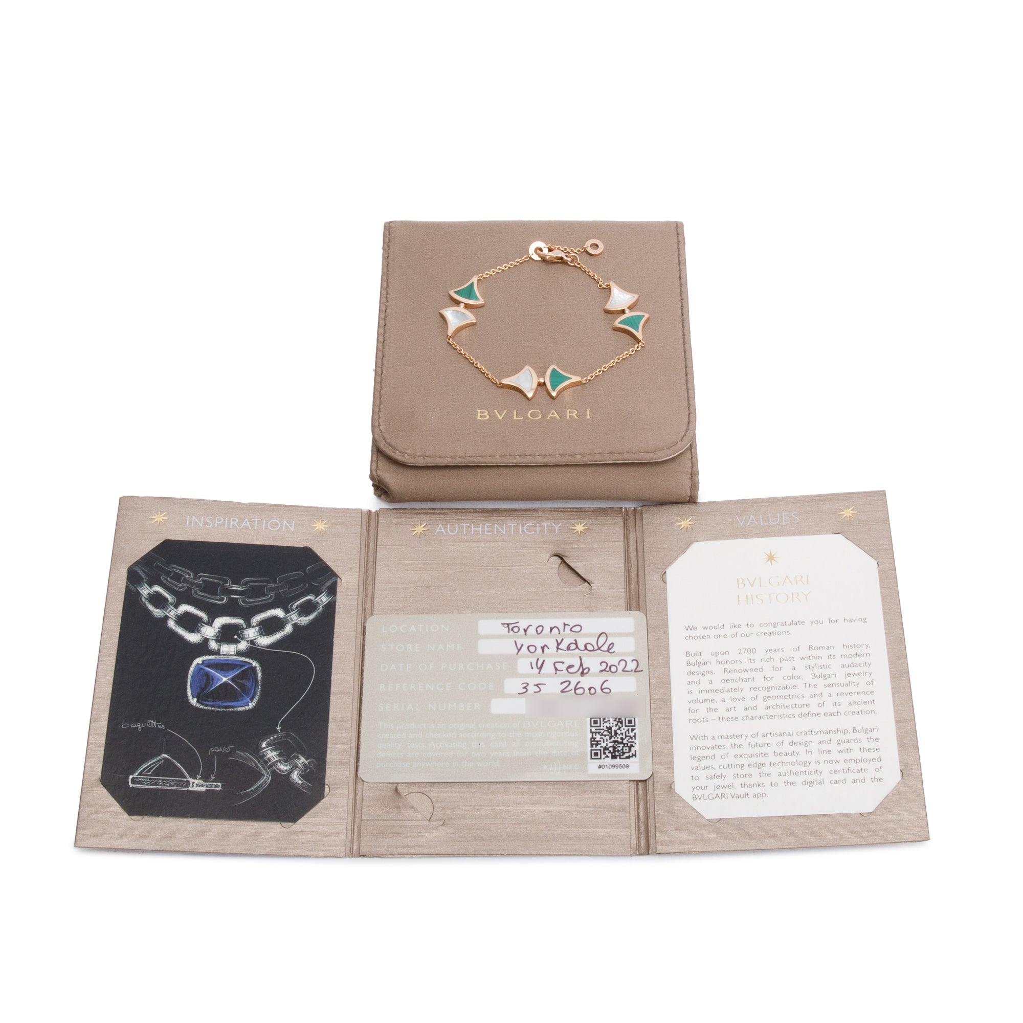 BVLGARI 2022 18k Rose Gold Malachite & Mother of Pearl Diva's Dream Bracelet w/ Pouch & Certificate