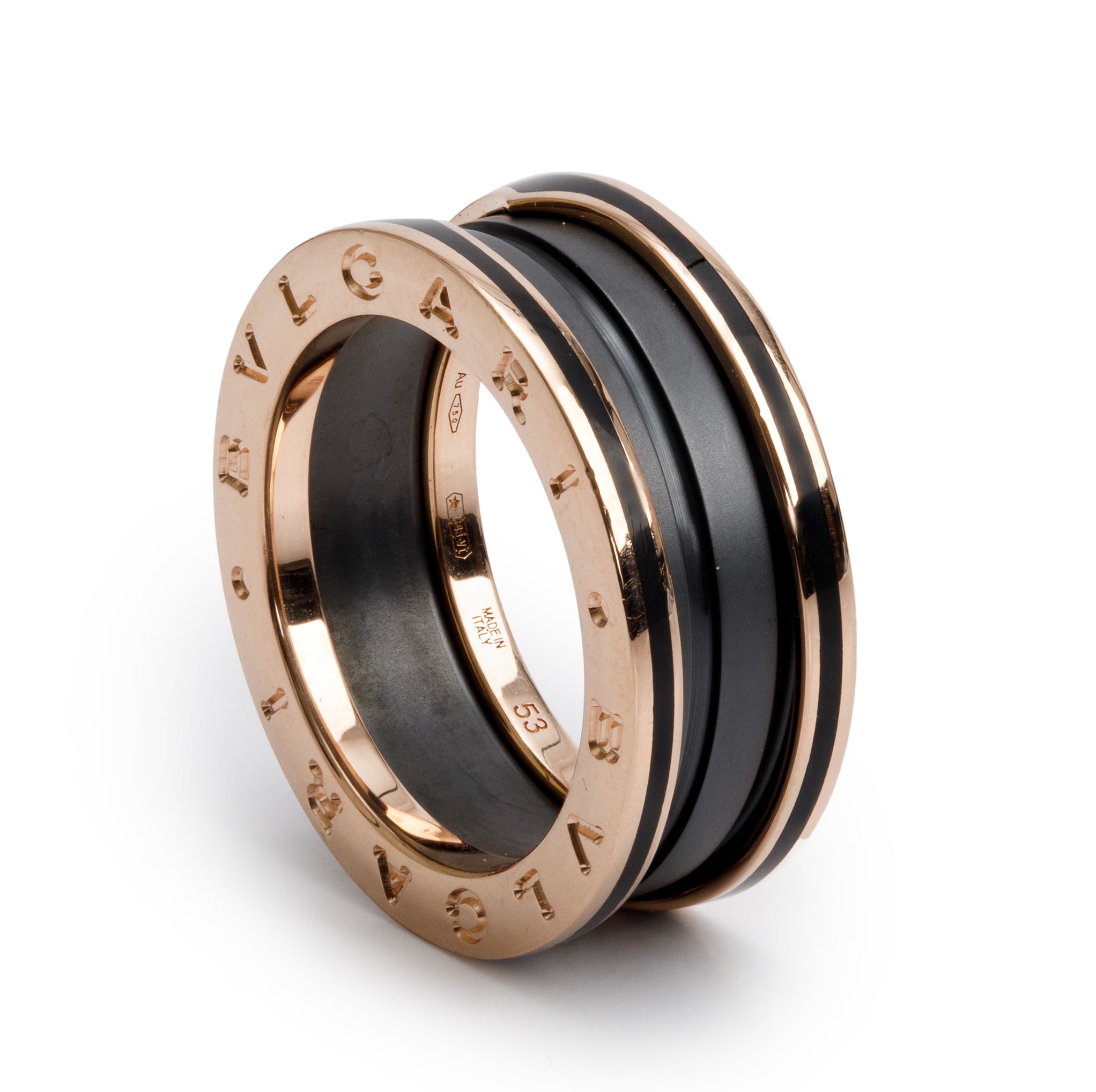 BVLGARI 2022 18k Rose Gold Matte Black Ceramic B.Zero1 Two-Band Ring, Size 53 6.5 w/ Box & Certificate