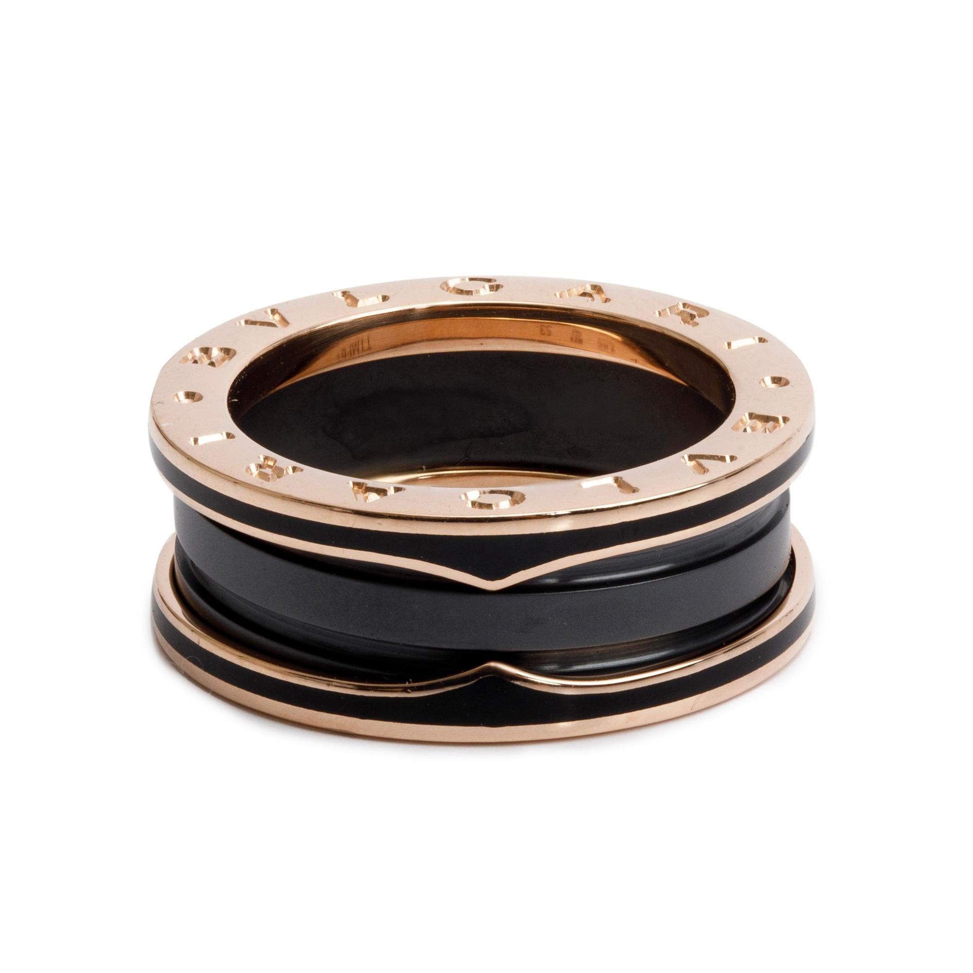 BVLGARI 2022 18k Rose Gold Matte Black Ceramic B.Zero1 Two-Band Ring, Size 53 6.5 w/ Box & Certificate