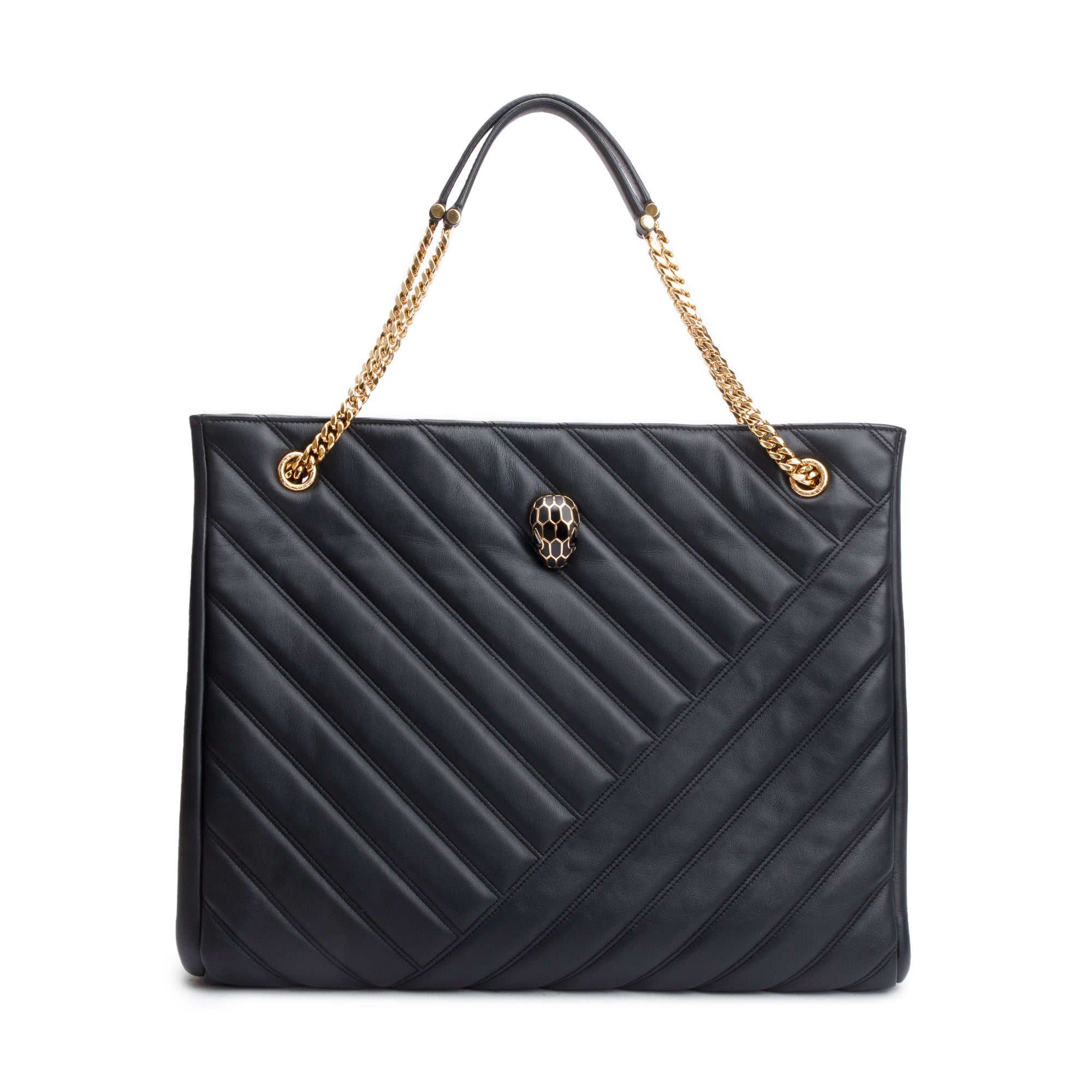 BVLGARI Black Calfskin Leather Serpenti Cabochon Large Shopping Bag w/ Authenticity Card