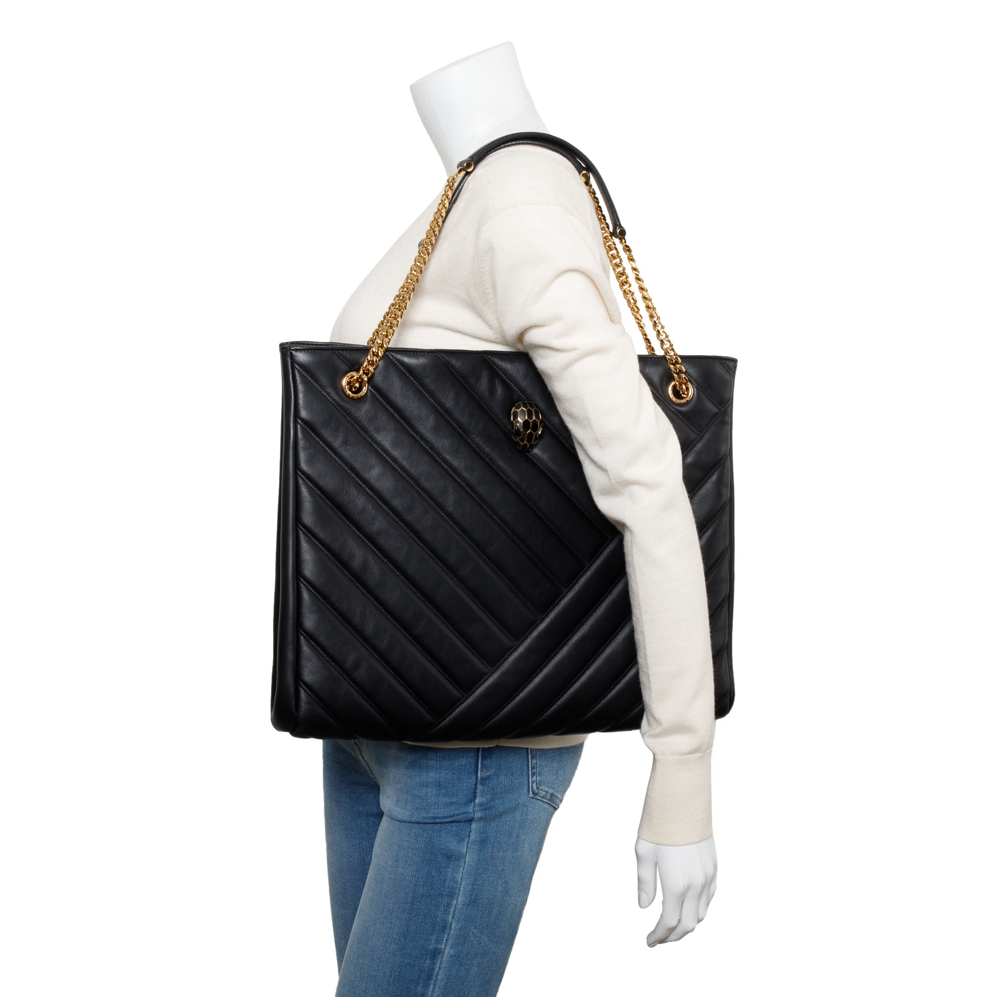 BVLGARI Black Calfskin Leather Serpenti Cabochon Large Shopping Bag w/ Authenticity Card