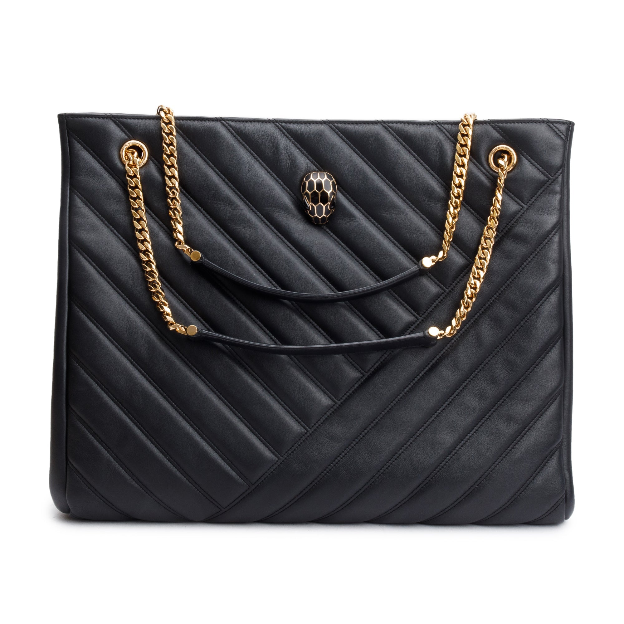 BVLGARI Black Calfskin Leather Serpenti Cabochon Large Shopping Bag w/ Authenticity Card