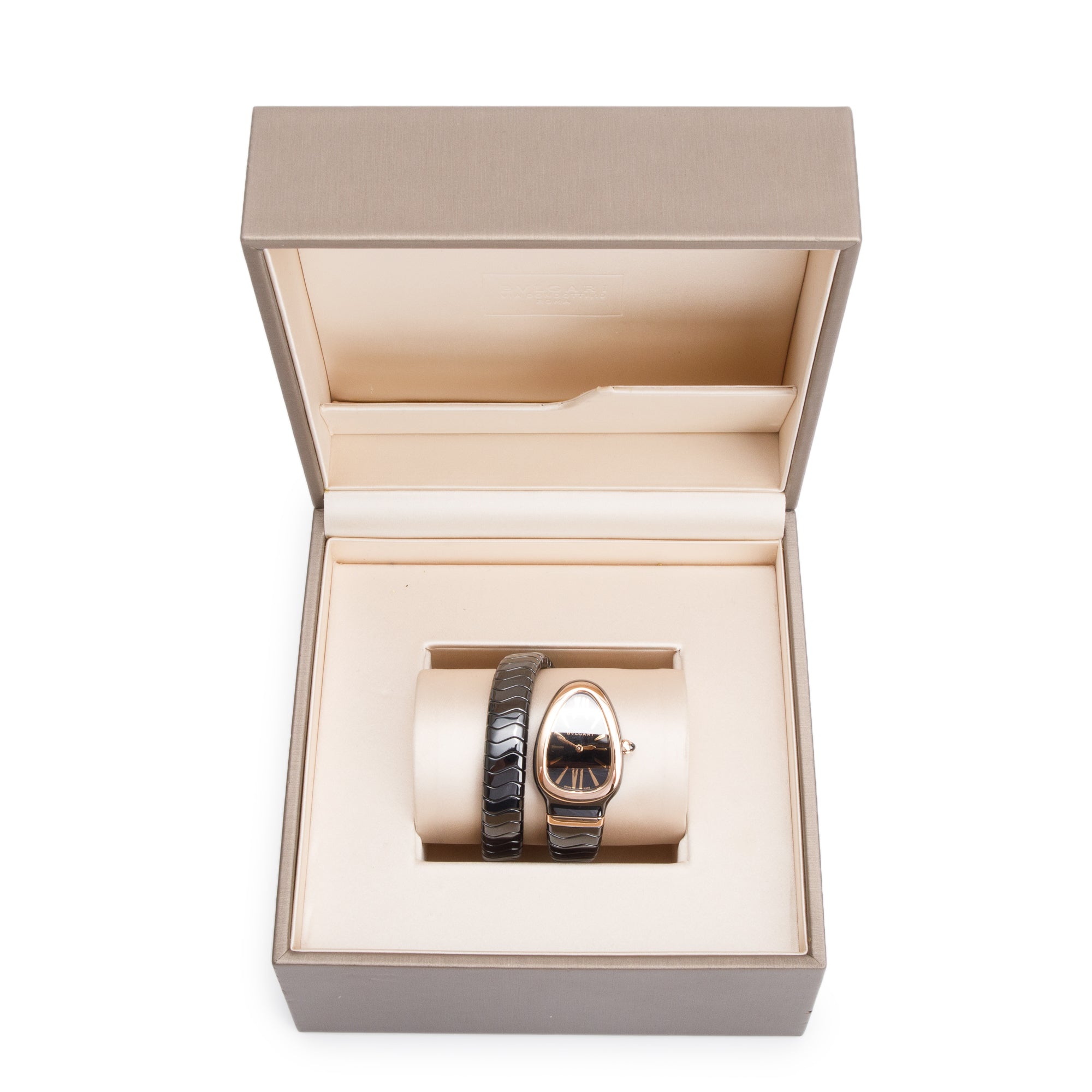 BVLGARI Black Ceramic & 18k Rose Gold Serpenti Spiga Watch w/ Box