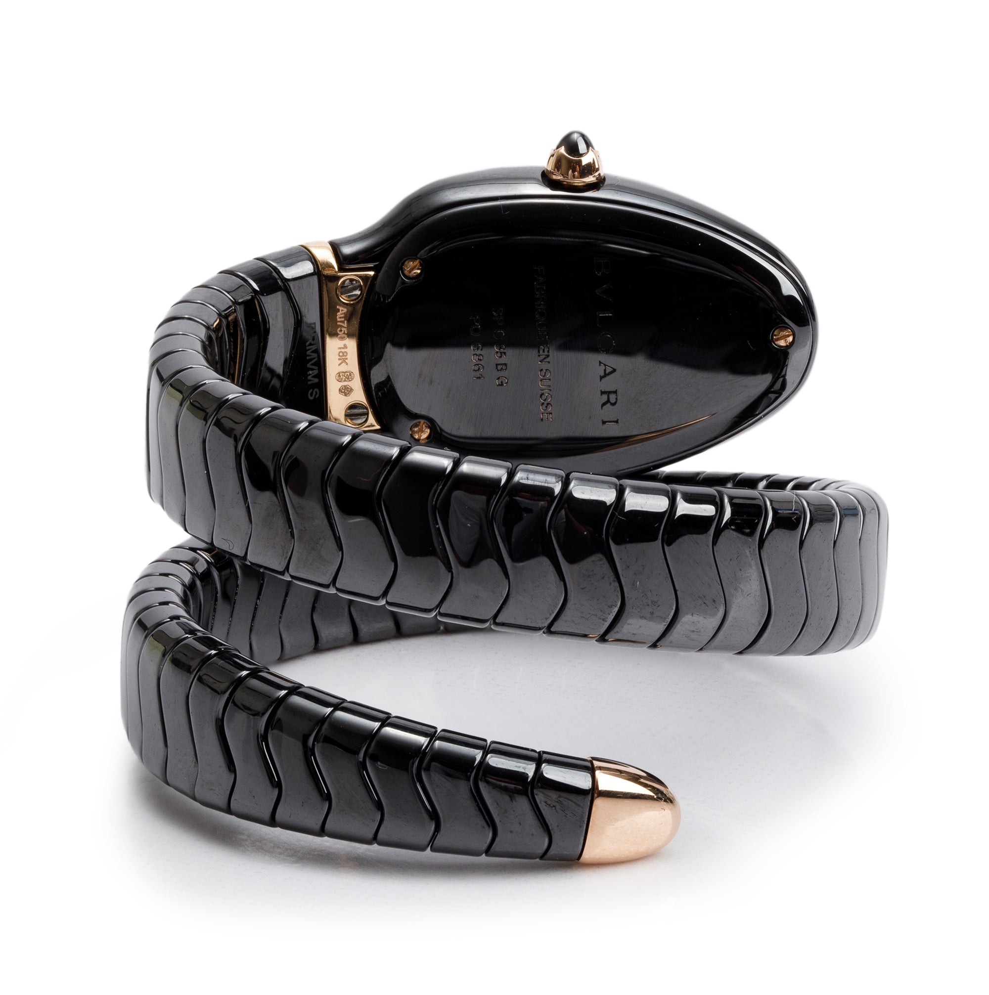 BVLGARI Black Ceramic & 18k Rose Gold Serpenti Spiga Watch w/ Box