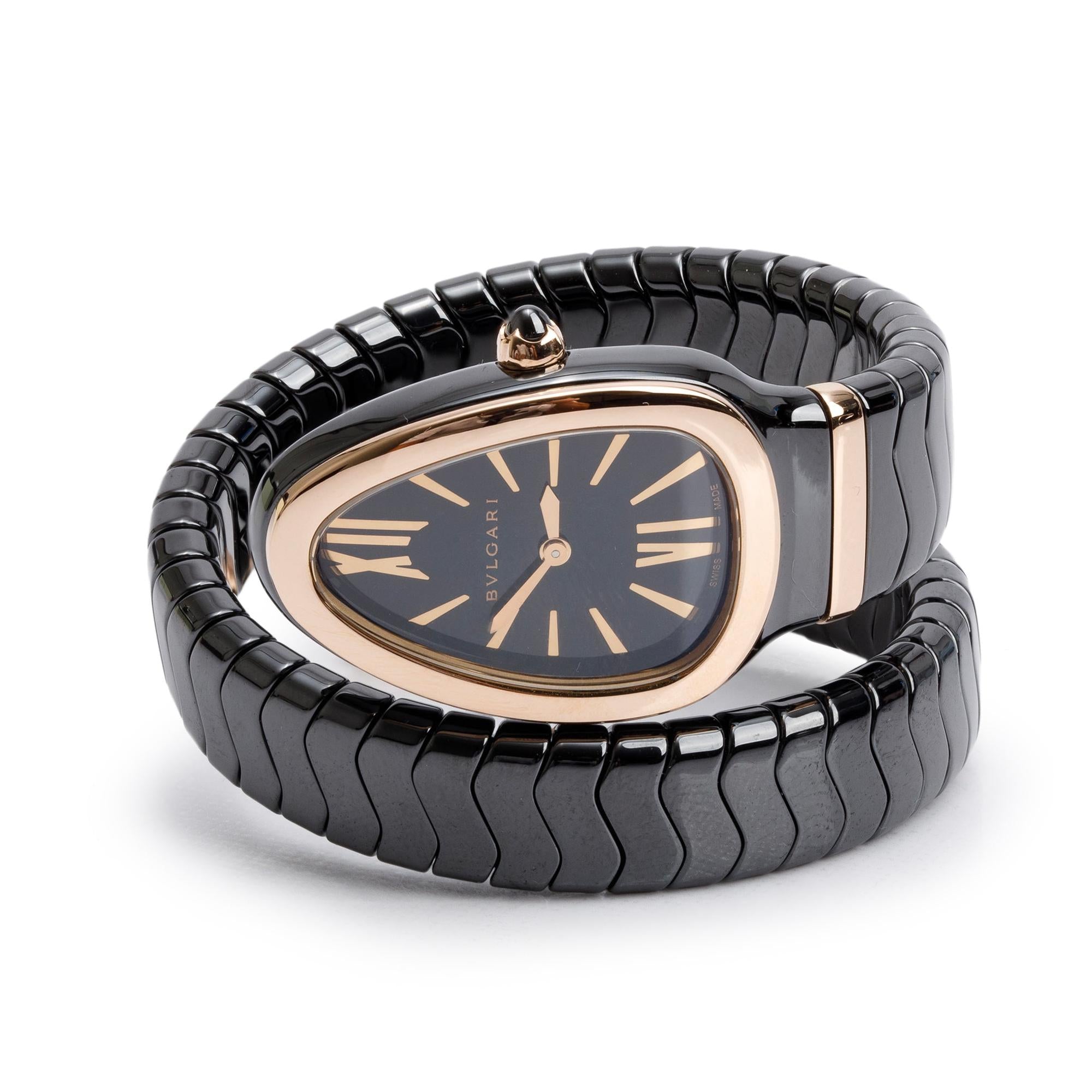 BVLGARI Black Ceramic & 18k Rose Gold Serpenti Spiga Watch w/ Box