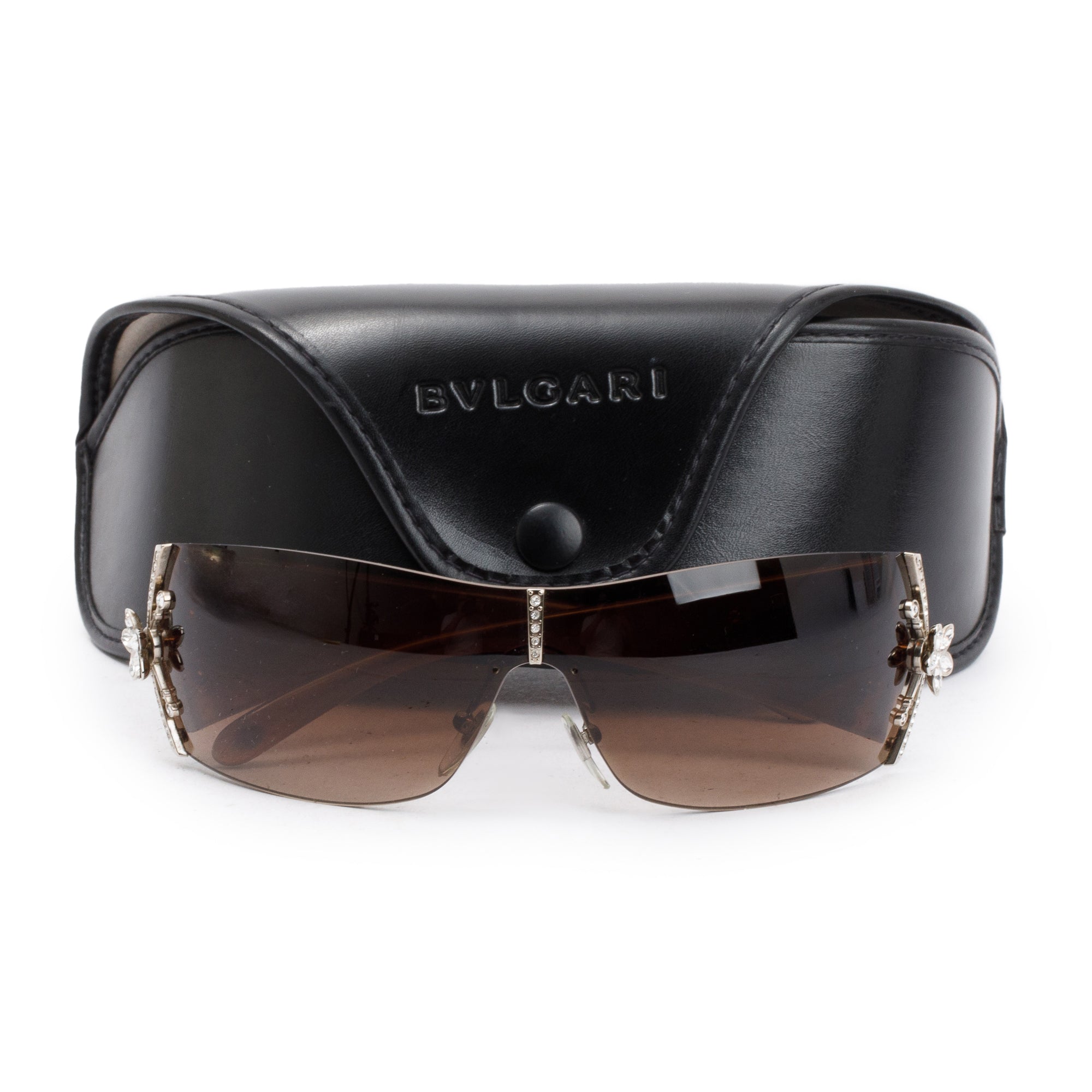 BVLGARI Brown Acetate LImited Edition Crystal Flower Shield Sunglasses w/ Case
