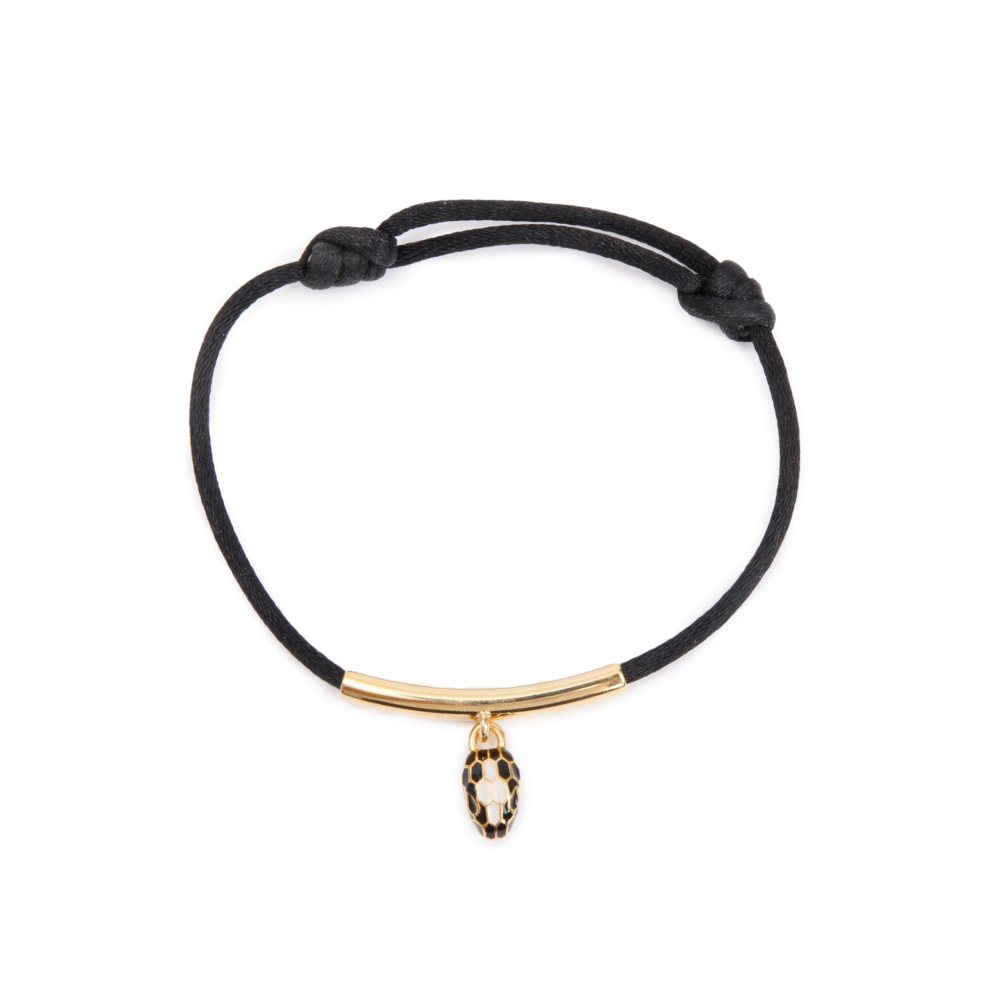 BVLGARI Gold Plated Black Silk Cord & Enamel Serpenti Forever Station Bracelet w/ Box