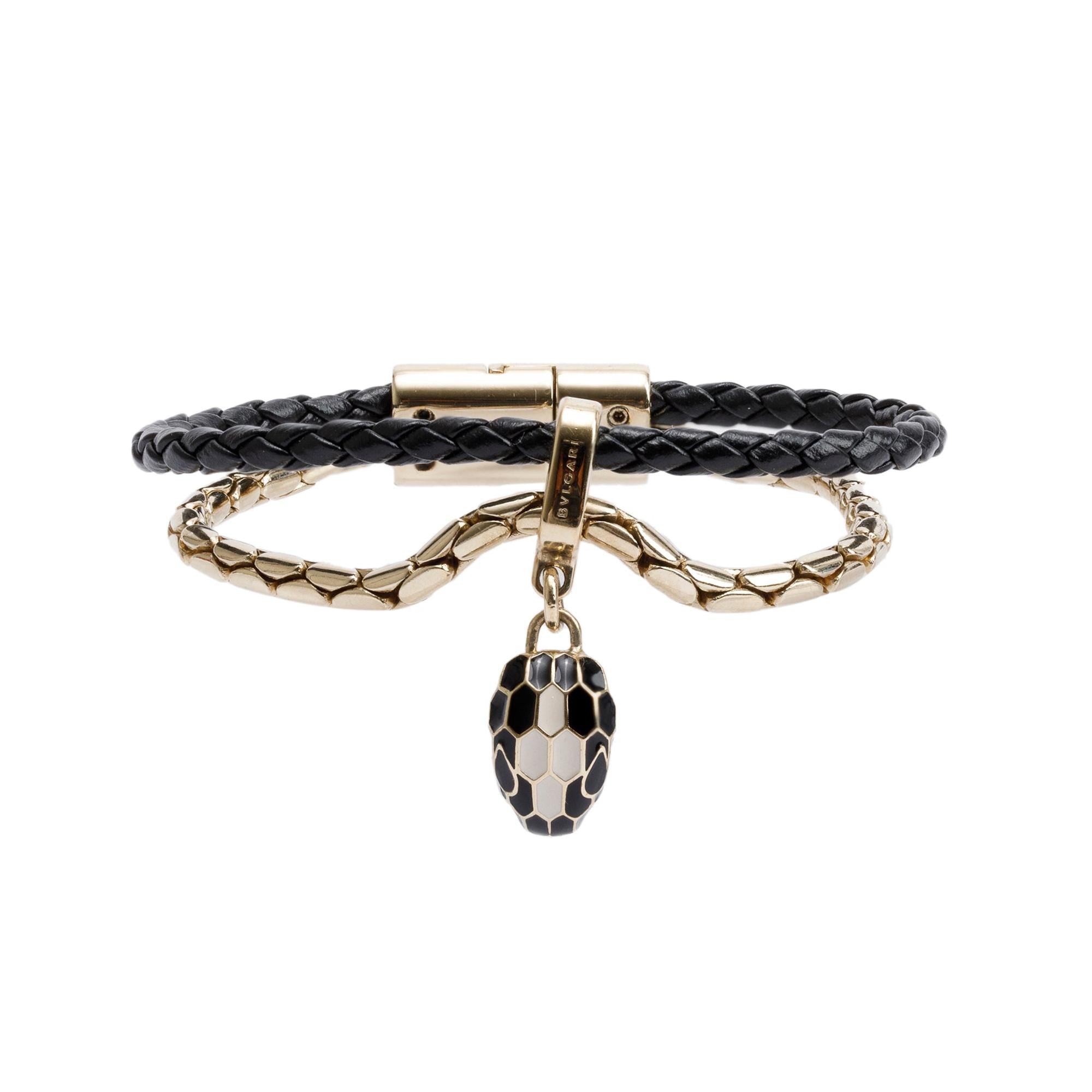 BVLGARI Gold Plated & Enamel Black Leather Forever Bracelet